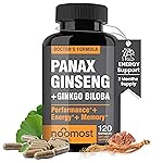 NooMost Authentic Korean Red Panax Ginseng + Ginkgo Biloba, 120 Vegan Capsules, Ginseng Root Extract Powder 1000mg (10% Ginsenosides) + Gingko Biloba 60mg, Energy and Focus Pills for Men and Women