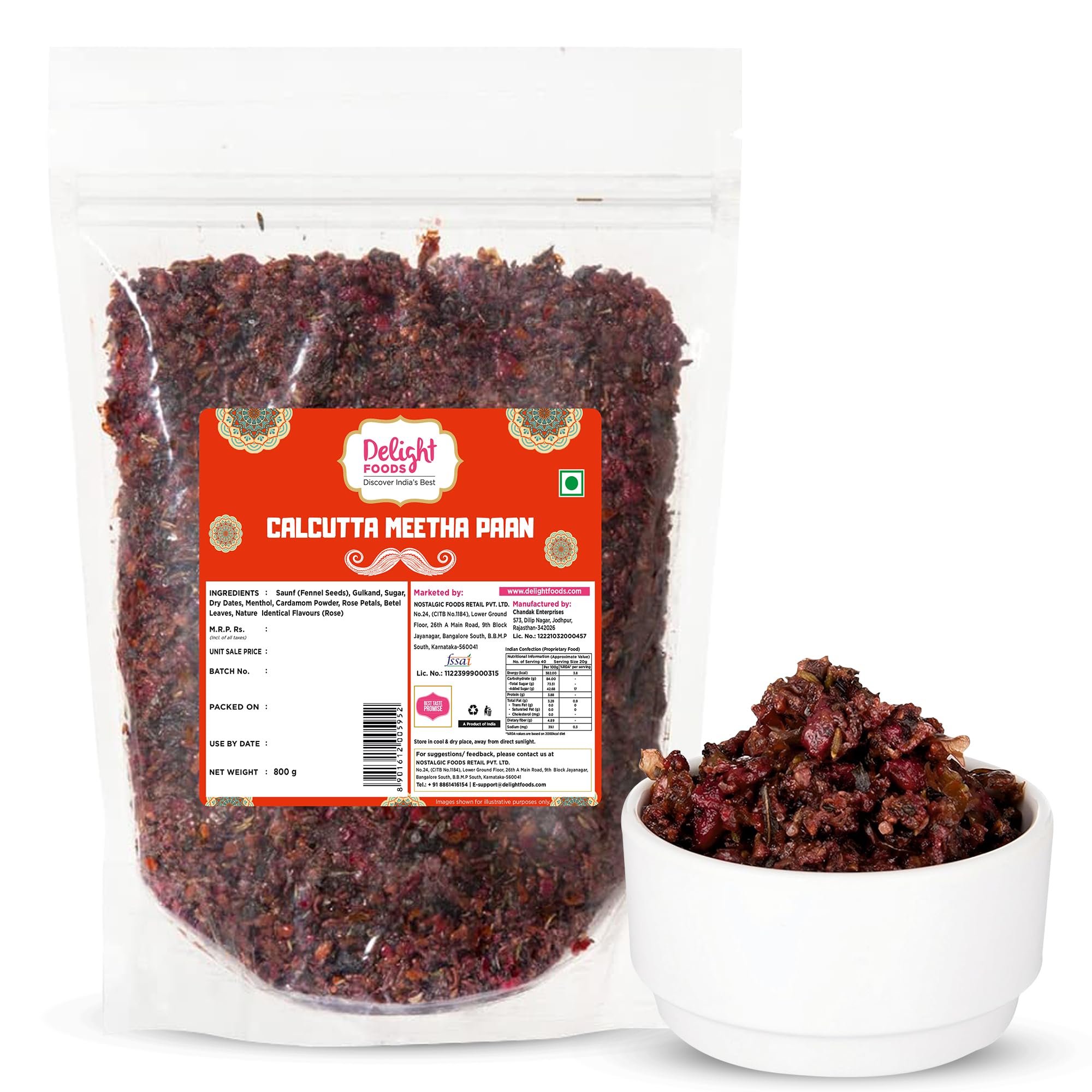 Delight Foods Premium Calcutta Meetha Paan Mukhwas Mouth Freshener, 800grams | Without Supari |Sweet Paan Hygienically Packed | Traditional Mukhwas