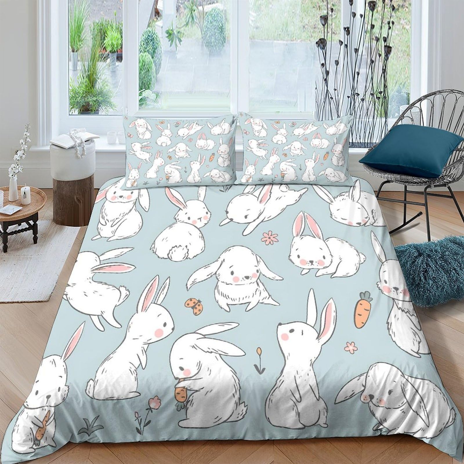 TUFRTGYHN 3D Printed Cute Rabbit Duvet Cover Microfiber Soft Breathable Cartoon Bunny Bedding Set with 2 Pillowcases for Bedroom Decor Single（135x200cm）