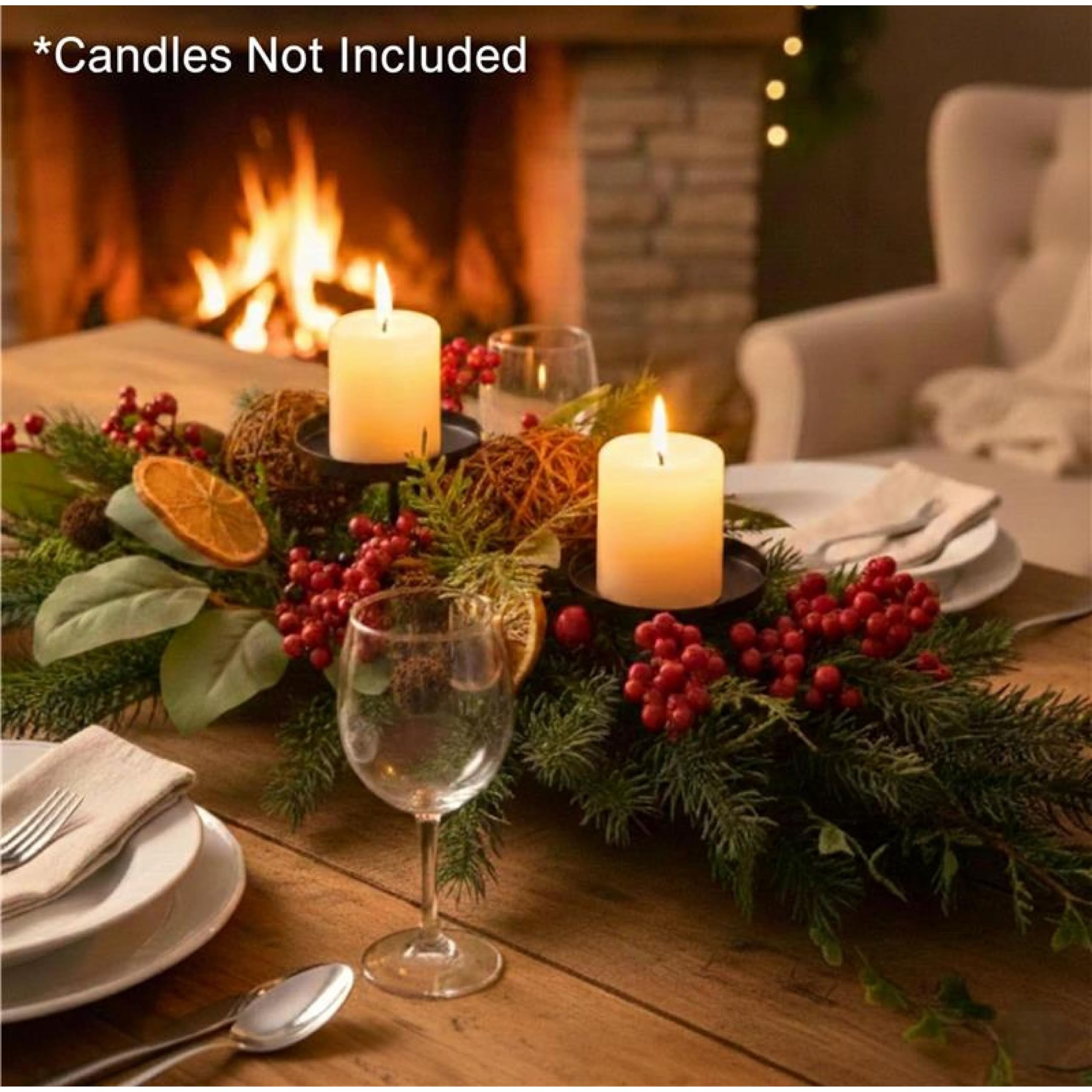 Décoration de Table de Noël avec Feuillage, Baie, Eucalyptus, tranches d'orange, Boules de rotin - Décoration Festive pour la Maison, la Salle à Manger, la cheminée - 66 cm