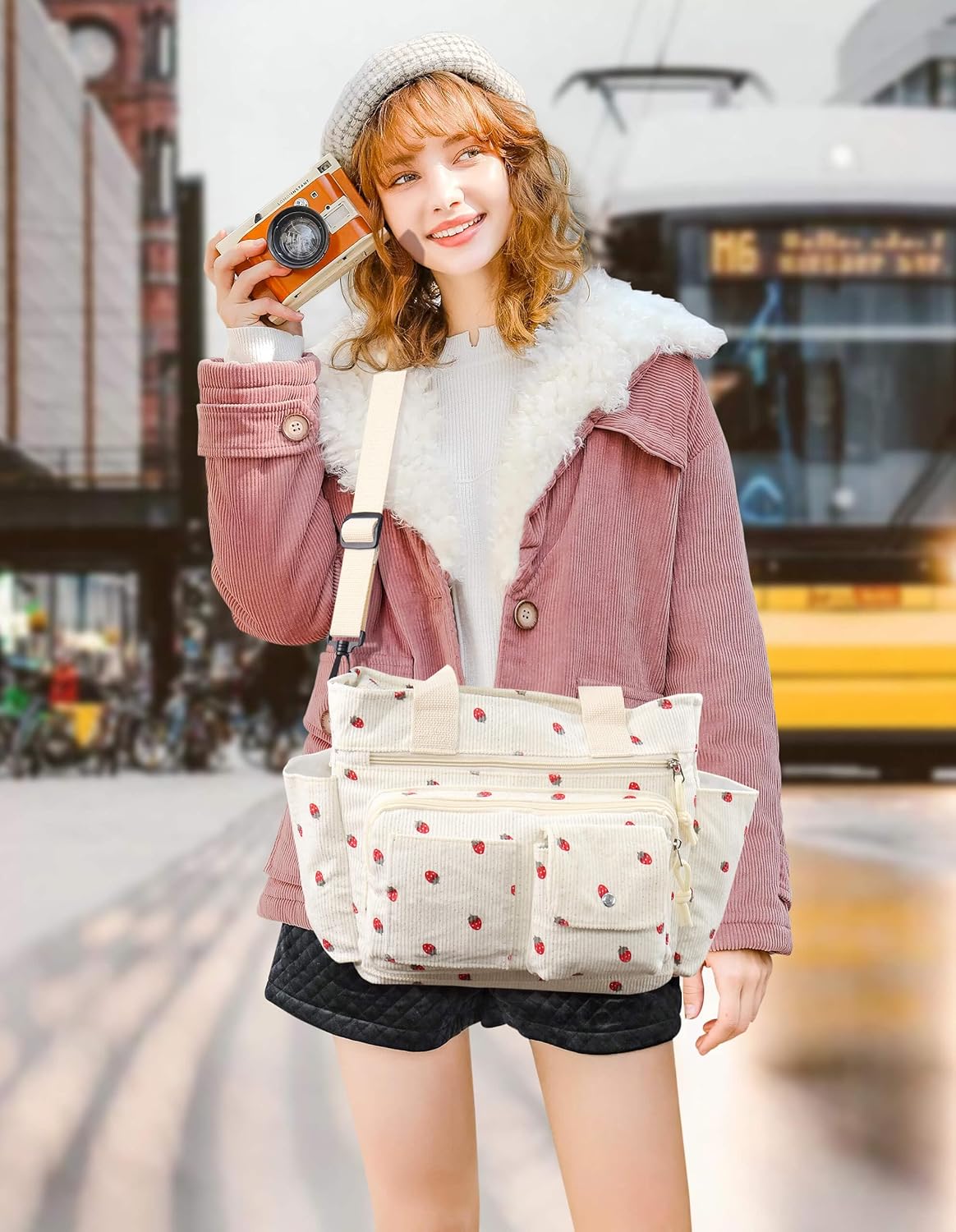 Strawberry Tote Bag Bow Bag With Multi Pocket Women Girls Crossbody Corduroy Handbags Purse Work Travel - Image 2