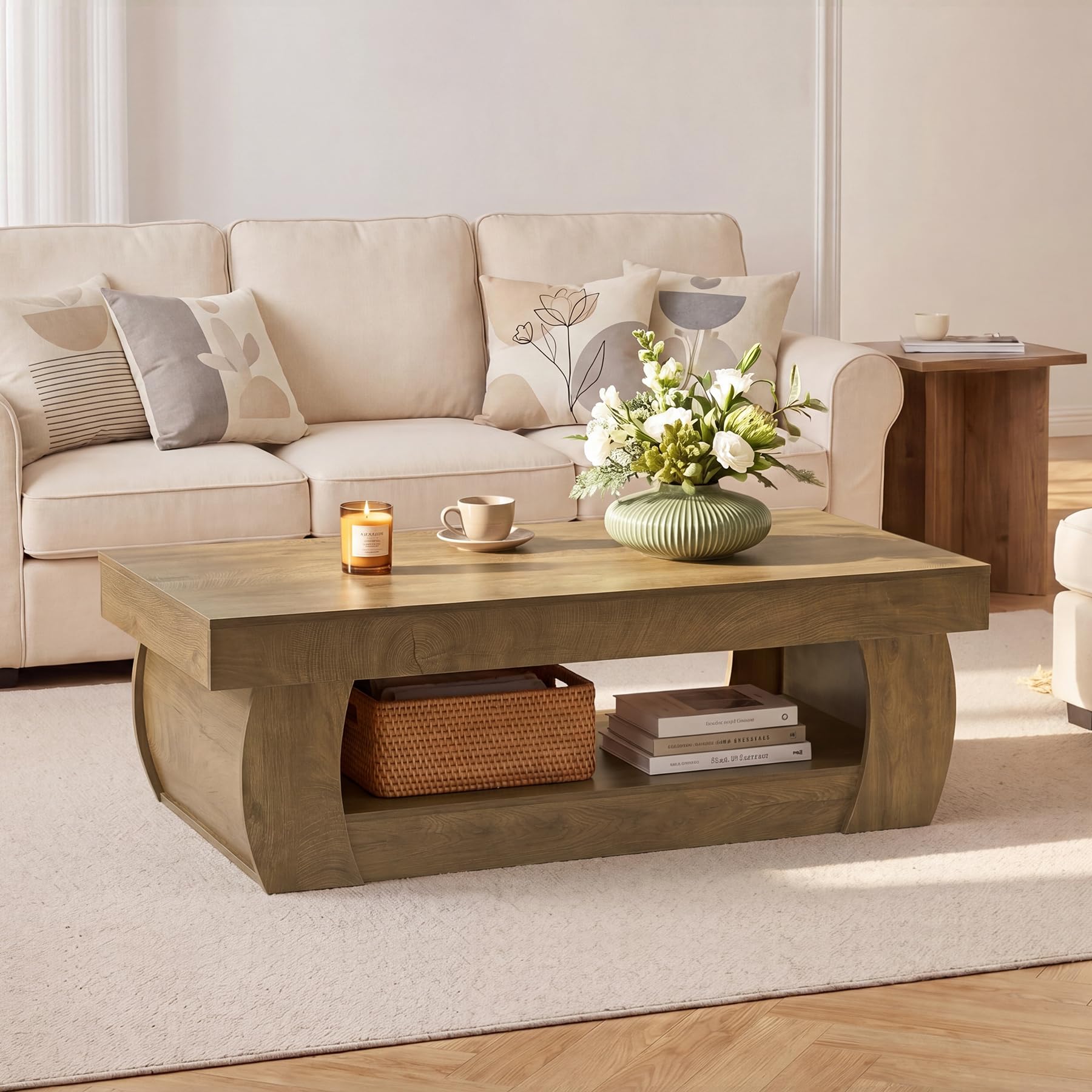 Tribesigns Couchtisch 140 cm mit Stauraum, Rechteckiger Couchtisch mit Ablage, 2 Ebenen Wohnzimmertisch im Landhausstil, Großer Sofatisch Holz für Wohnzimmer, Rustikal Braun, 140 x 70 x 45 cm