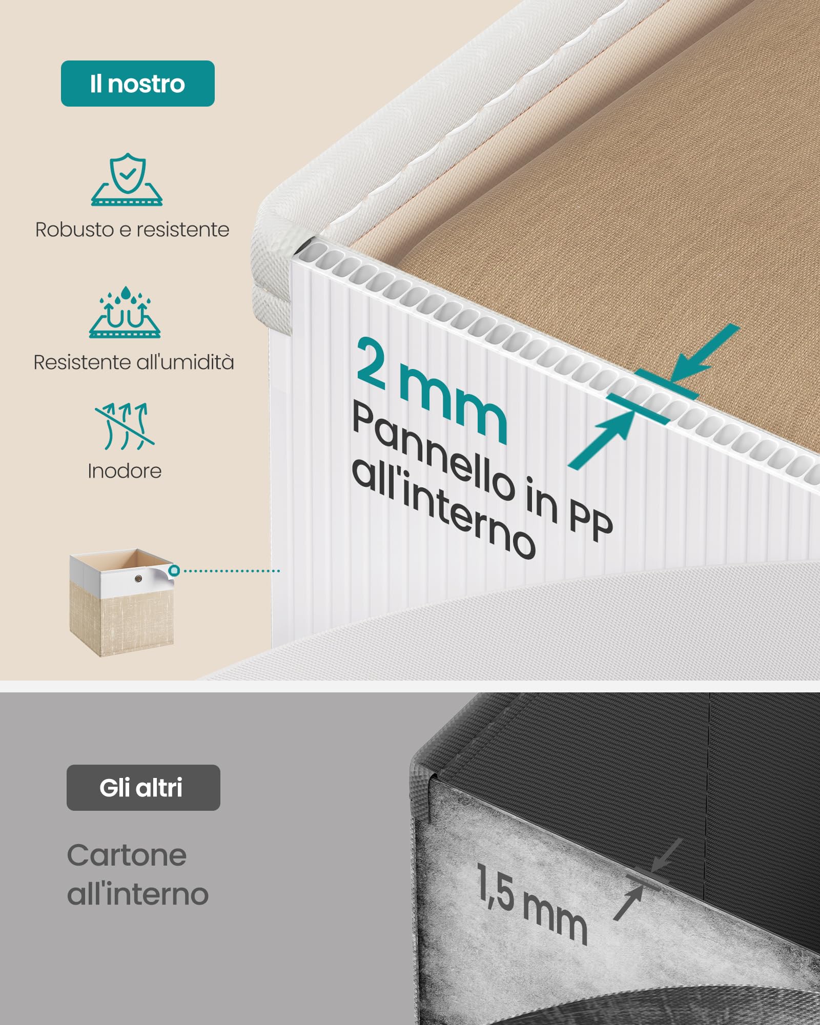 SONGMICS Scatole Portaoggetti, Set di 6, Contenitori in Tessuto, Pannelli in PP, Inodori, Pieghevoli, per Scaffale a Cubo, 30 x 30 x 30 cm, Bianco Nuvola e Beige Sabbia RFB430LF02