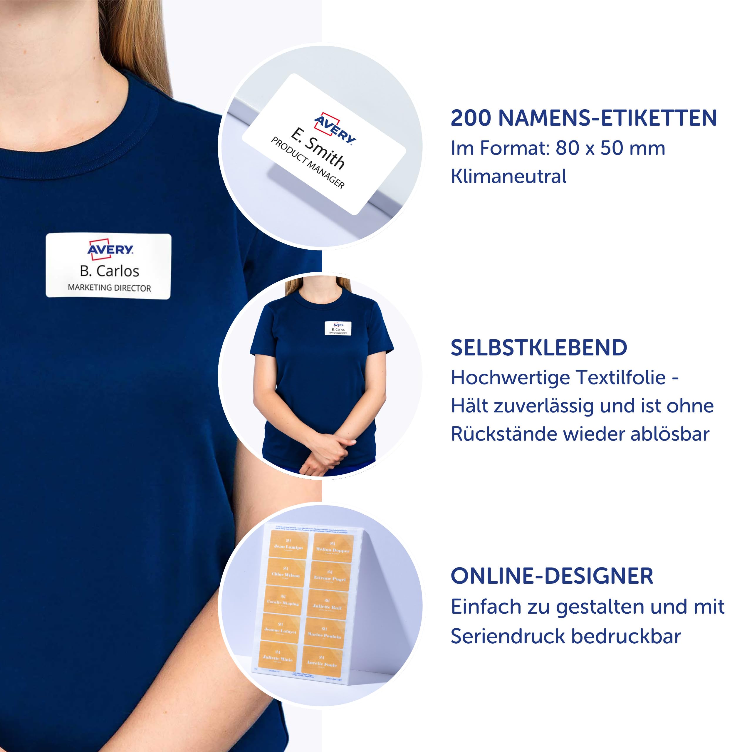 AVERY Zweckform J4785-20 Namensetiketten 200 Stück 80x50mm selbstklebend bedruckbar für Inkjetdrucker weiß