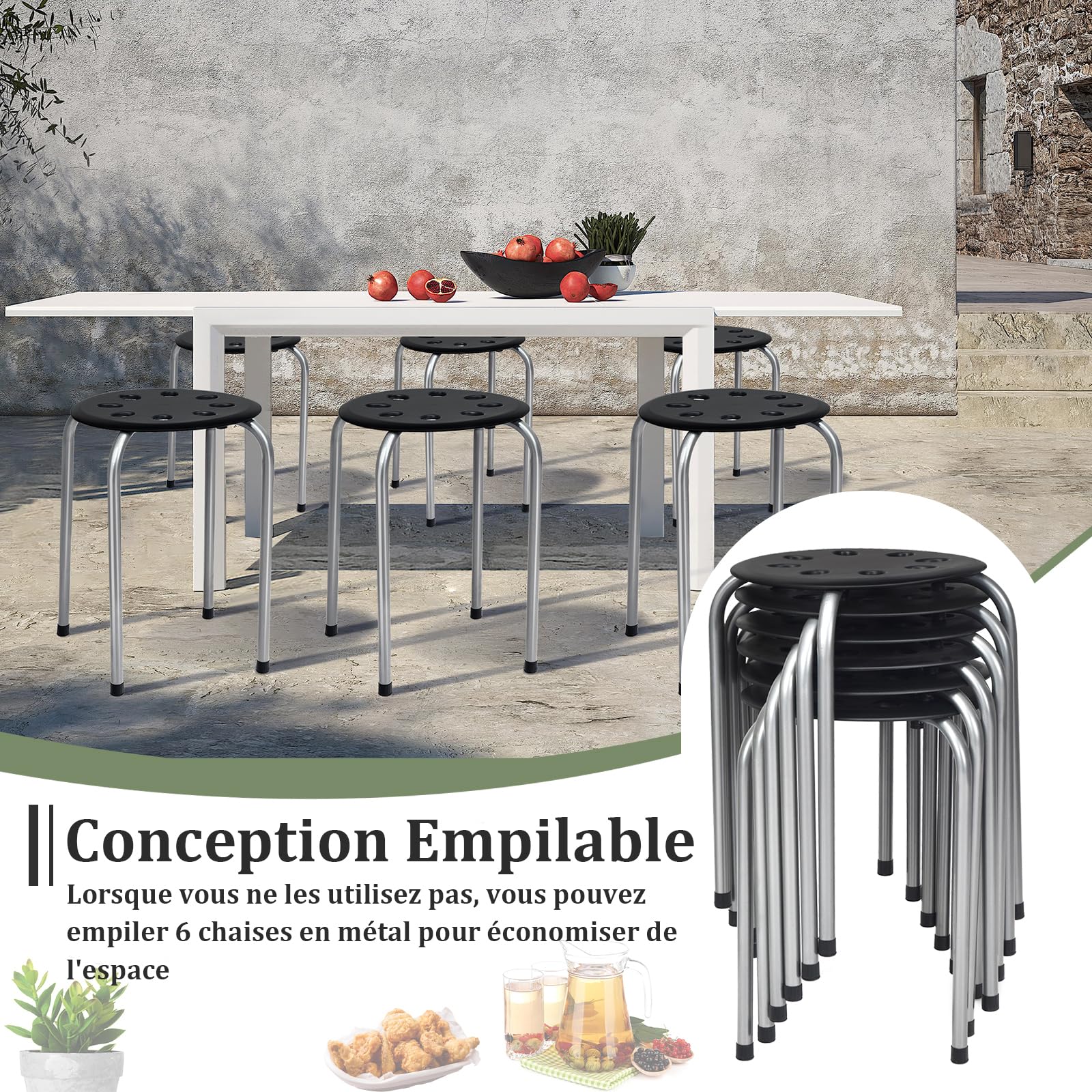 COSTWAY Lot de 6 Tabourets Empilables, Tabourets de Bars Ronds Structure en Métal en Forme de X, Tabourets Gigognes pour Enfants et Adultes, Maison, Bureau, Salles de Classe (Gris foncé)