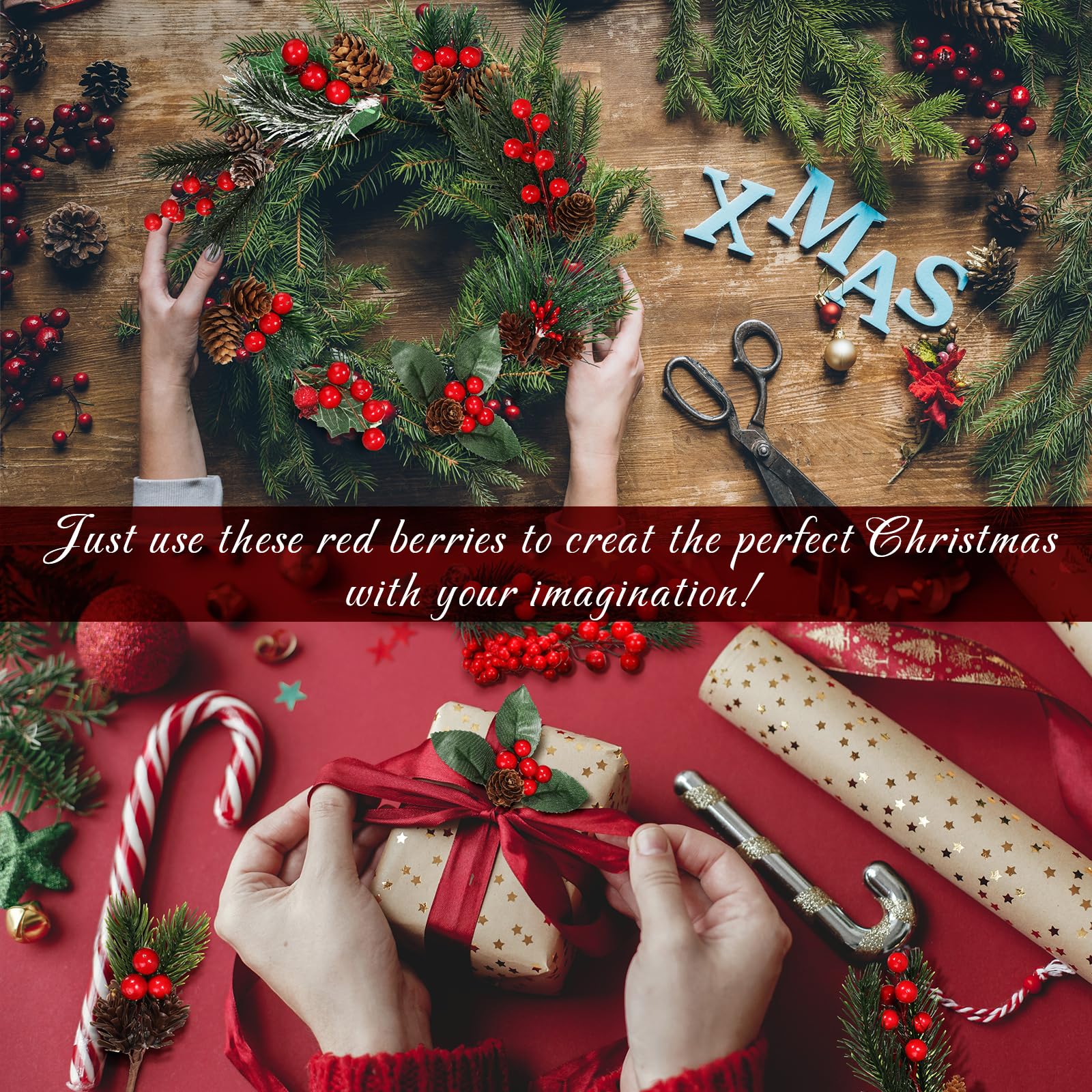 Lot de 40 pics de sapin de Noël artificiels avec branches de pin assorties avec tiges de sapin de Noël, fausses feuilles de houx pour couronne, guirlande, artisanat, décorations