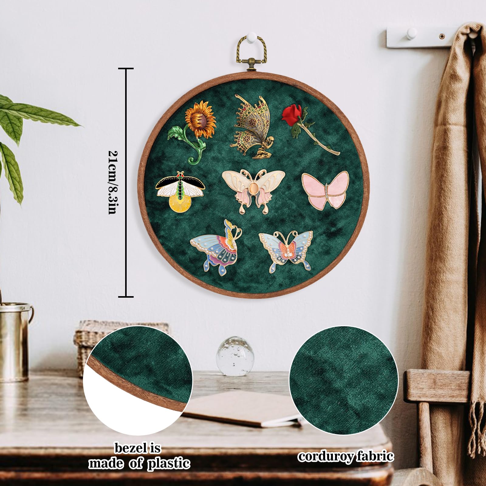 Winmany Wall Hanging Brooch Jewelry Storage Display Stand Enamel Pin Display Holder Earrings Necklace Glitter Pin Display Board Pin Collection Display Embroidery Hoop (Pure Green) - Image 4