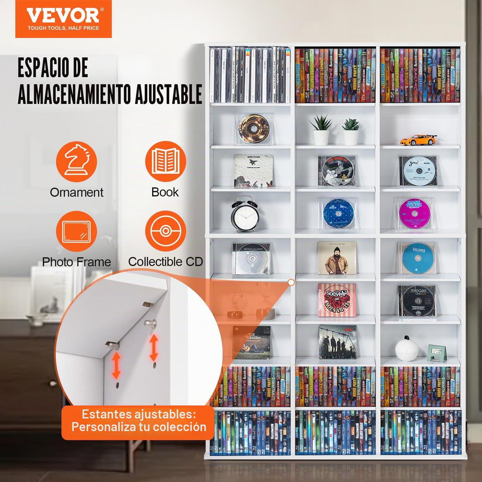 VEVOR Gabinete de Almacenamiento Multimedia Estante Ajustable para DVD de 9 Capas con Capacidad para 756 CD, 27 Compartimentos para Colecciones de Música, Películas, Videojuegos, Recuerdos, Blanco