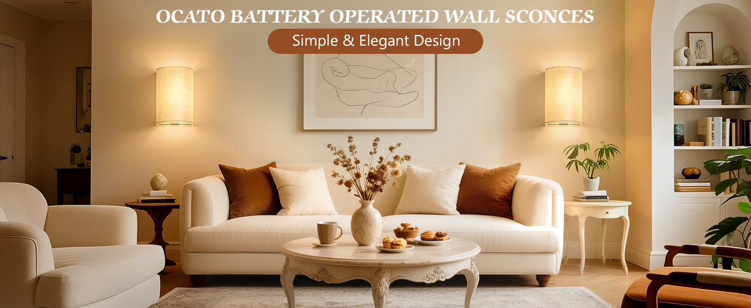 Image of OCATO Battery Operated Wall Sconce: Wireless Wall Sconces Set of Two Magnetic Lamp Rechargeable Lights Dimmable with 16 RGB Colors Fabric Linen Shade with Remote Walls Decor for Bedroom Living Room
