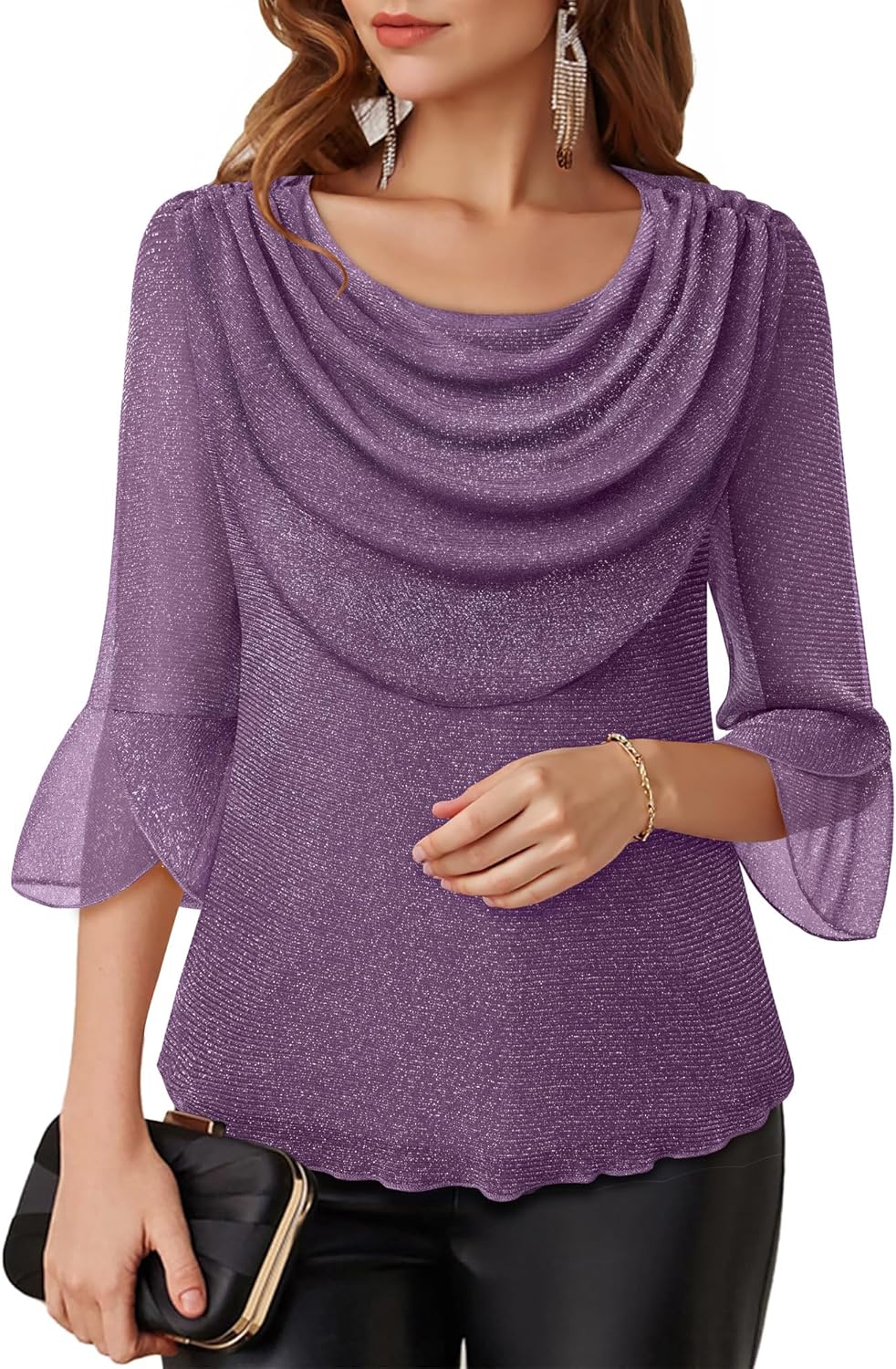 Lotusmile Blouses for Women Dressy Casual 3/4 Sleeve Cowl Neck Sparkly Tops Cocktail Shirts for Evening Party