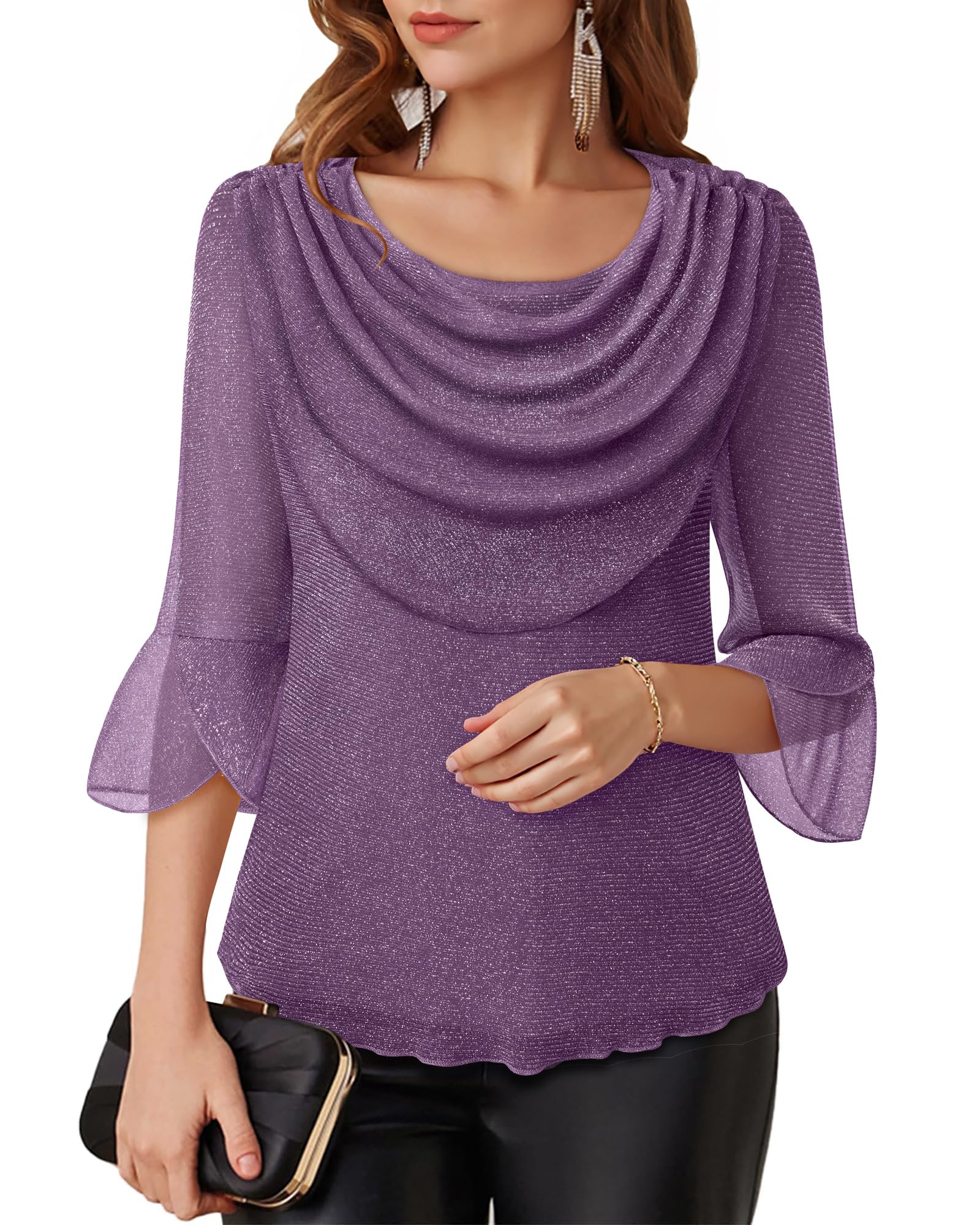 Photo 1 of Lotusmile Womens Shirts Dressy Casual: Fall Tops for Women 2025-3/4 Sleeve Blouses Double Layer Cowl Neck Tops for Women Cocktail Party - formal Womens Blouses Dressy Casual Wedding Guest Violet XXL