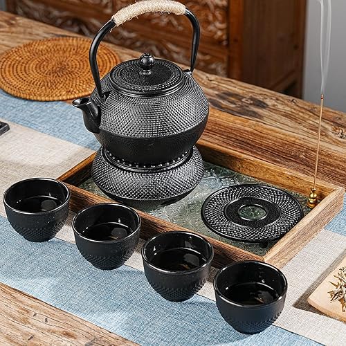 Miniatura 7 de Sungmor Cast Iron Black Teacups, Set of 4 & 5 oz - Japanese Tea Cups with Enamel Interior, Traditional Gongfu Tea Set, Durable Heat-Retaining