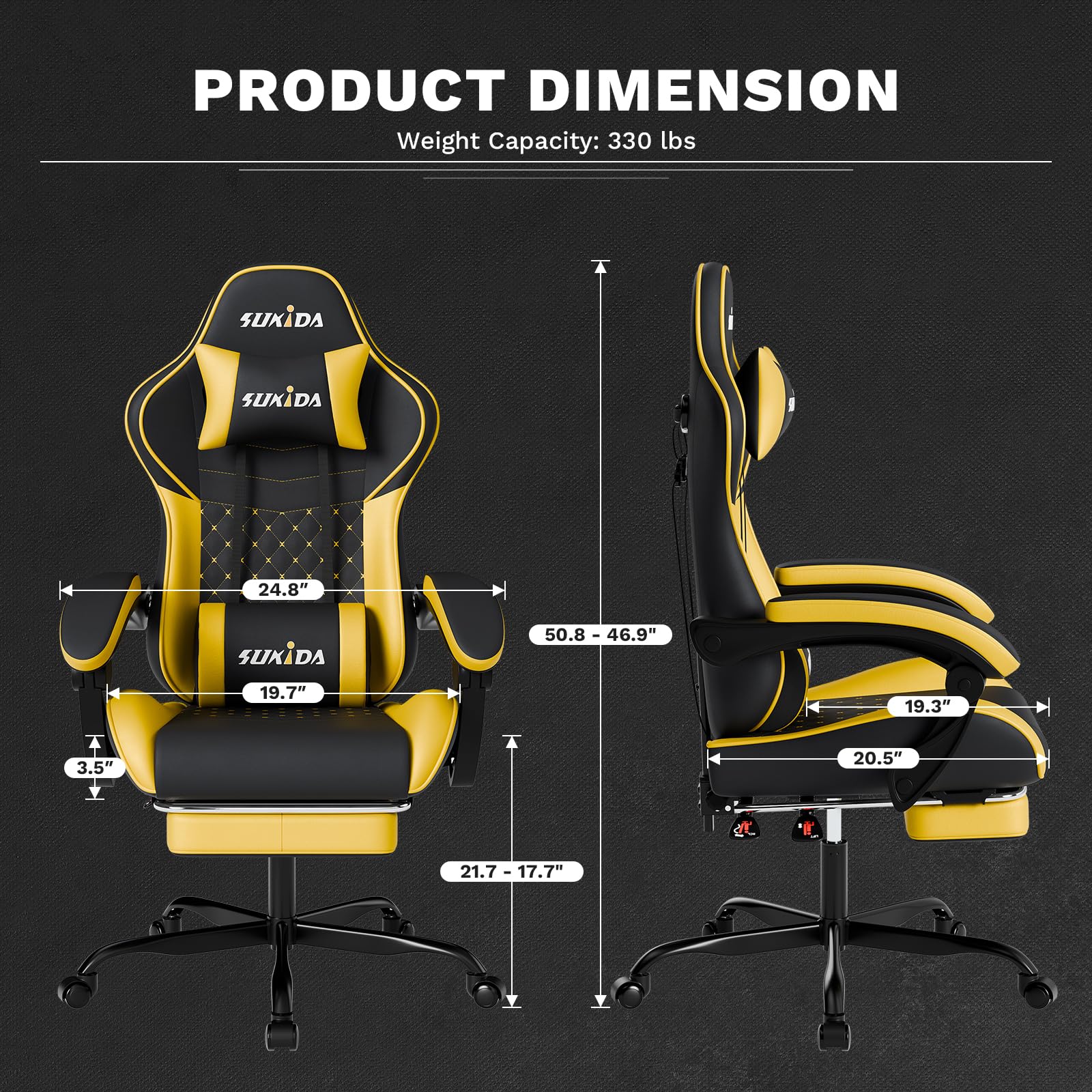 SUKIDA Gaming Stuhl, Ergonomischer Gaming-Stuhl mit Fußstütze, Racing Gamer Chair 90-135° Rückenlehne einstellbar, Computerstuhl Höhenverstellbar Lendenwirbelstütze, Blackyellow