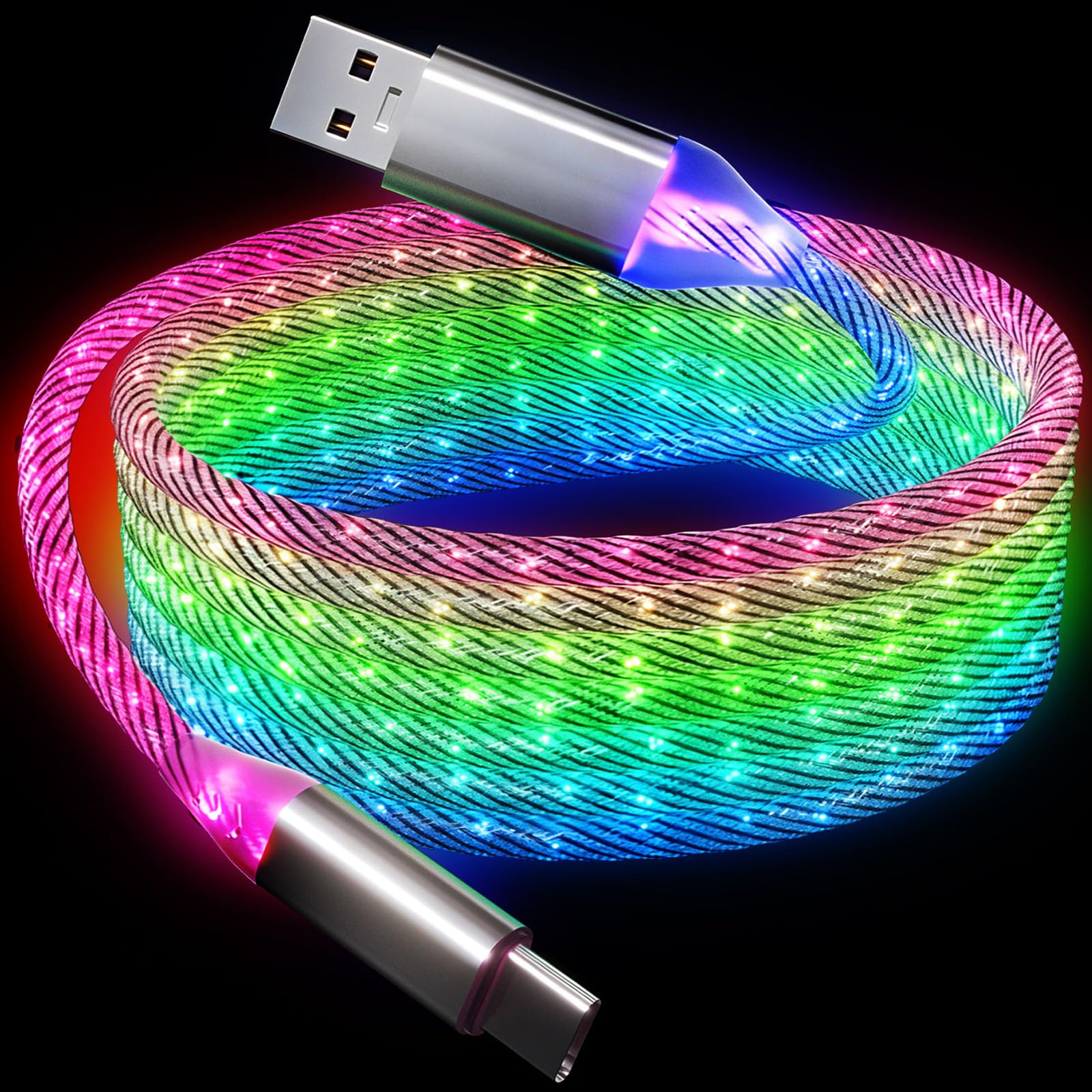 Cavo di ricarica rapida di tipo C da 66 W 5 A QC3.0 visibile RGB che cambia colore da USB A a USB C, cavo di sincronizzazione dati per Samsung Galaxy S21/S20 S10/S9/Note 20/10/9/8