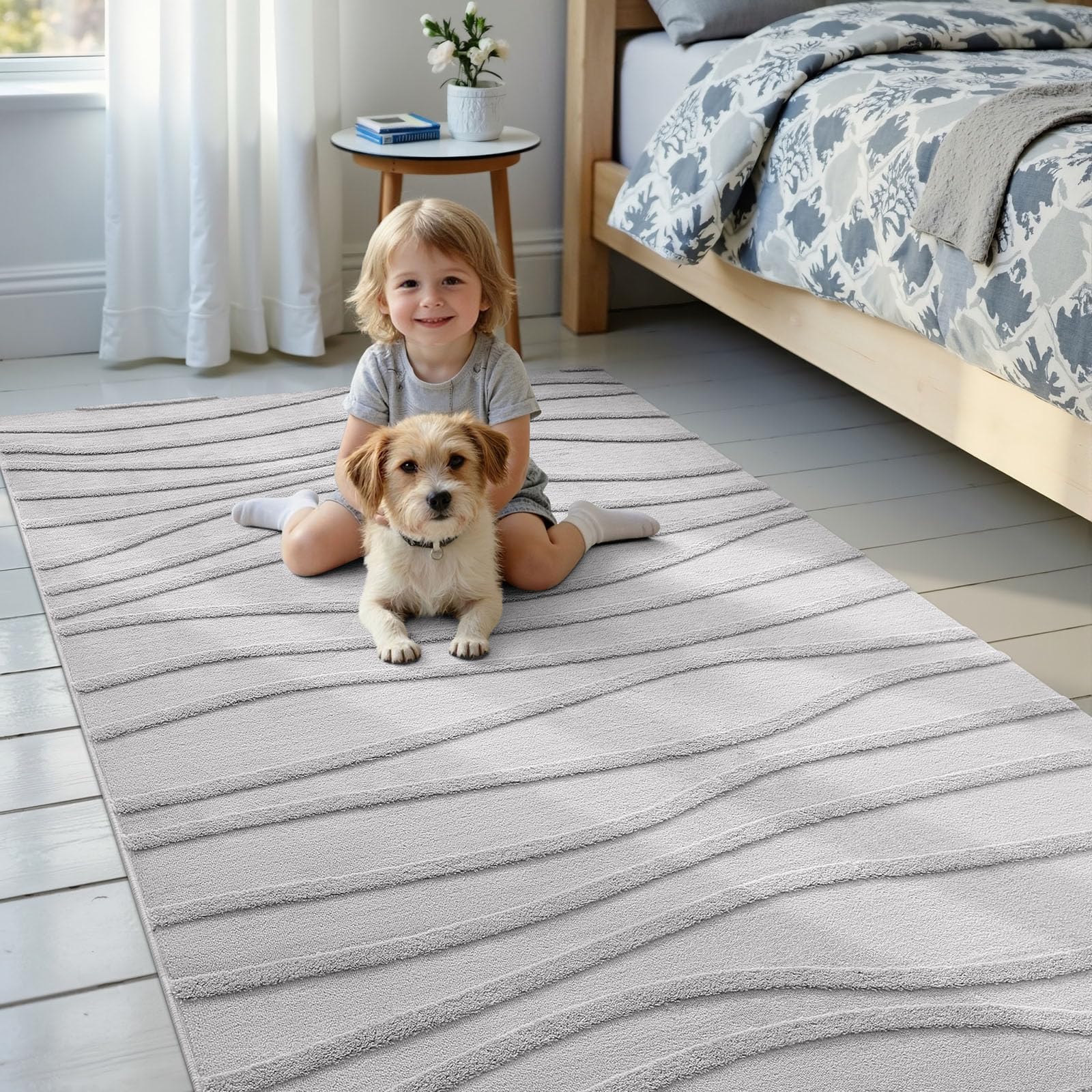 Homaxy Tapis Salon 160x220cm, Lavable, Peluche Ondulée, Antidérapant, Gris