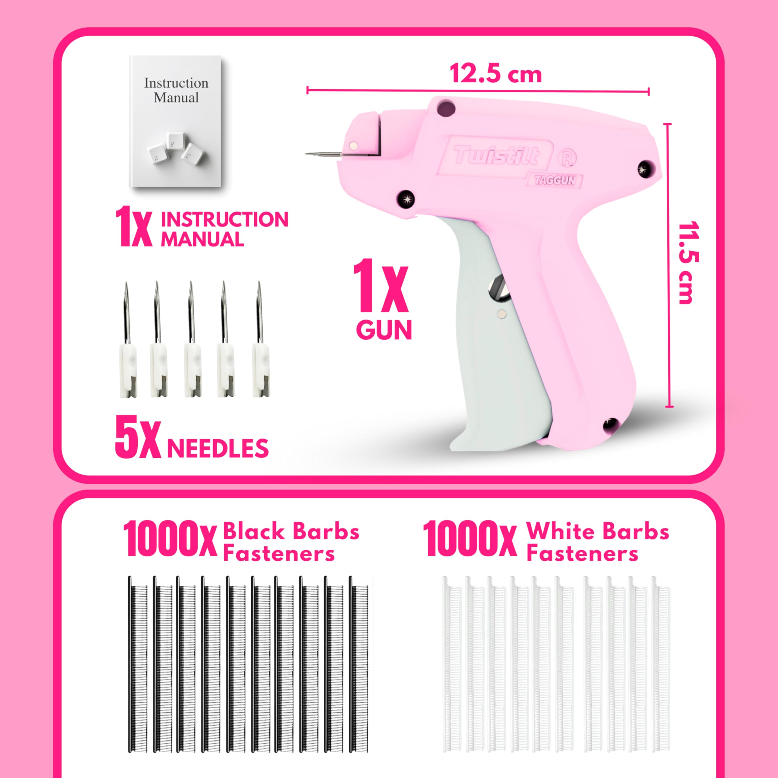 Stitch Gun for Clothes, Handheld Clothing Tag Gun for Quick Clothing Fixes, Tagging Gun Includes 6 Needles, 1000 Black & 1000 White Fasteners (Pink)