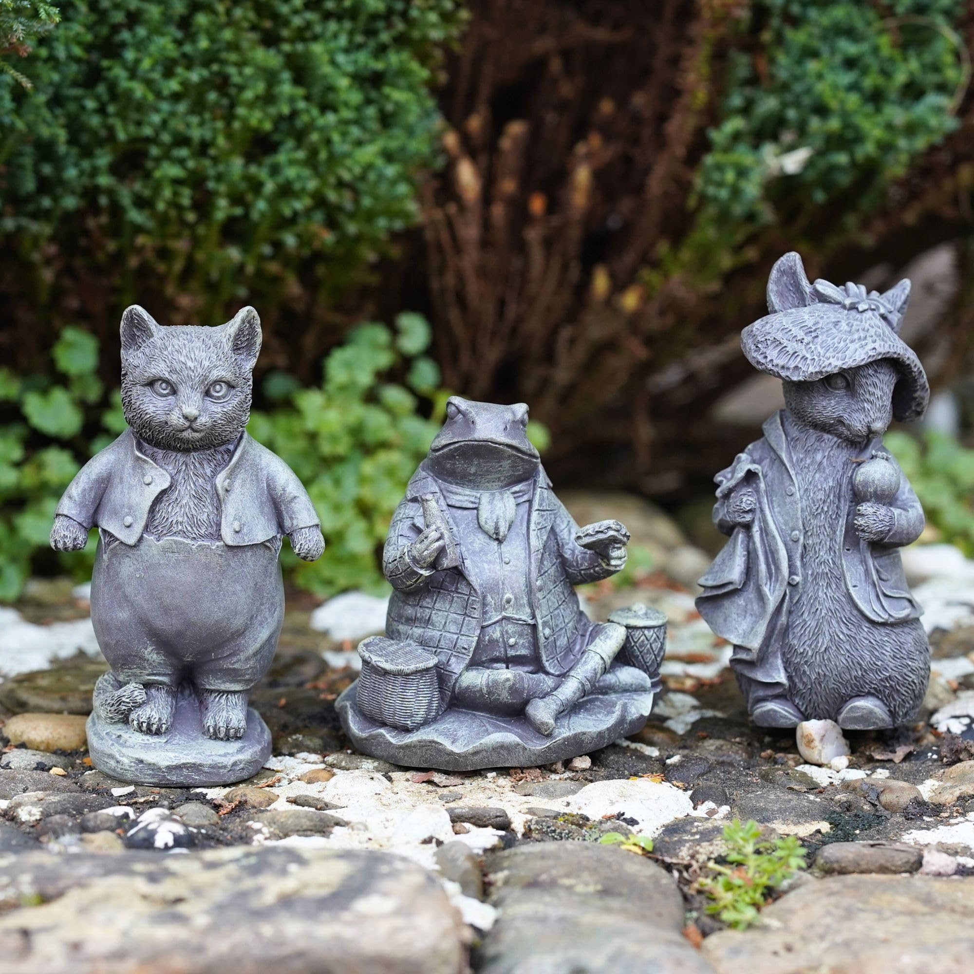 Burgess Home & Garden Hand Painted, Natural Badger Colors Beatrix Potter Set Of 3 Resin Figurines | Ben Bunny + Tom Kitten + Mr Fisher Statues | Bronze Vintage Style Peter Rabbit Garden Ornaments & Home Décor | Weatherproof |