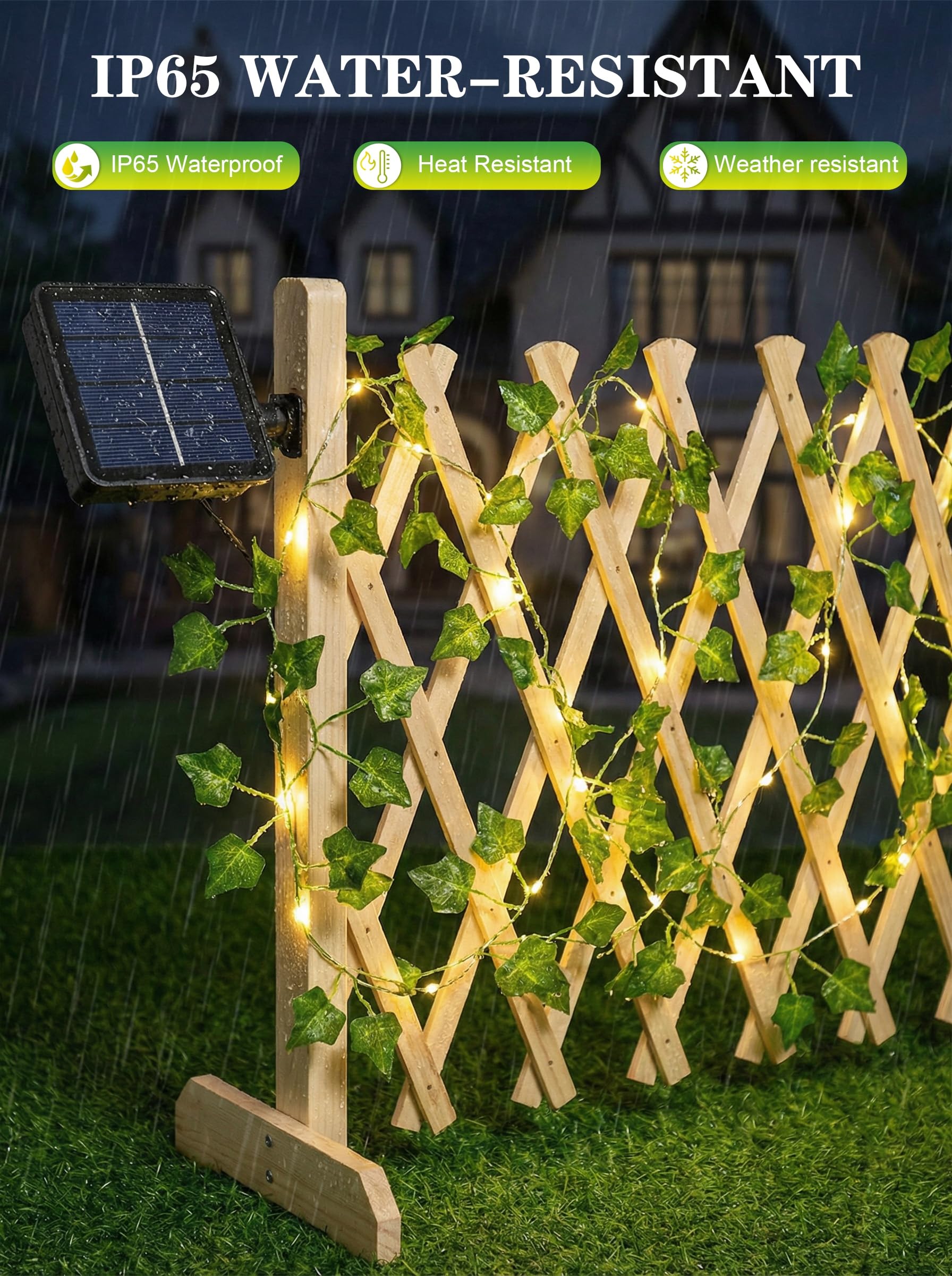 Cadena de luces solares para exteriores, 12M Cadena de luces de hiedra con 120 LED, Cadena de luces solares para exteriores resistentes al clima, 8 modos para jardín, balcón, terraza
