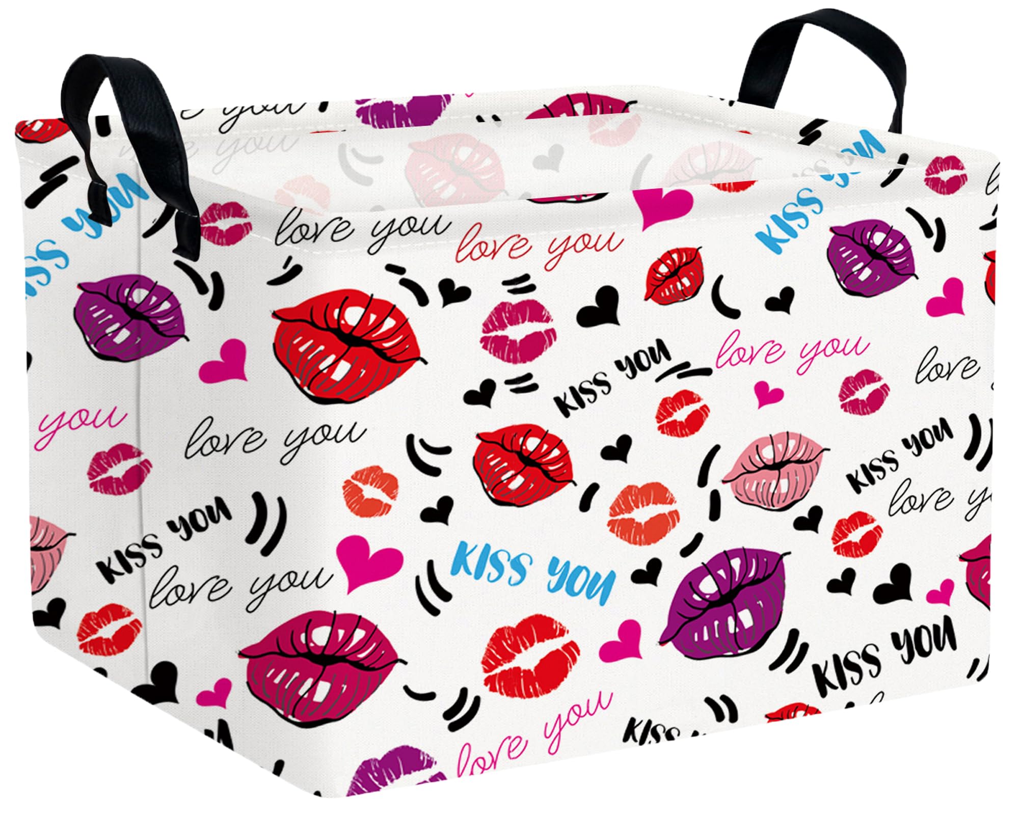 Large Valentine's Day Basket Heart Shaped Storage Bin for Gifts Collapsible Organizer Room Decor (Mouth Black Love)