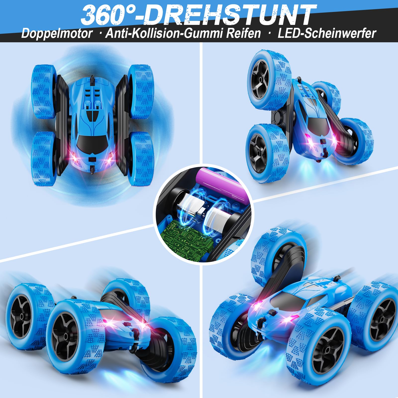 QUNREDA Ferngesteuertes Auto, RC Cars Spielzeug für Kinder im Alter von 6-12 Jahren, 4WD Stunt-Auto mit LED-Lichtern & 360°-Flips, 2,4 GHz, verbesserte USB-C-Modular-Batterien, 8-10 Jahre alte Jungen
