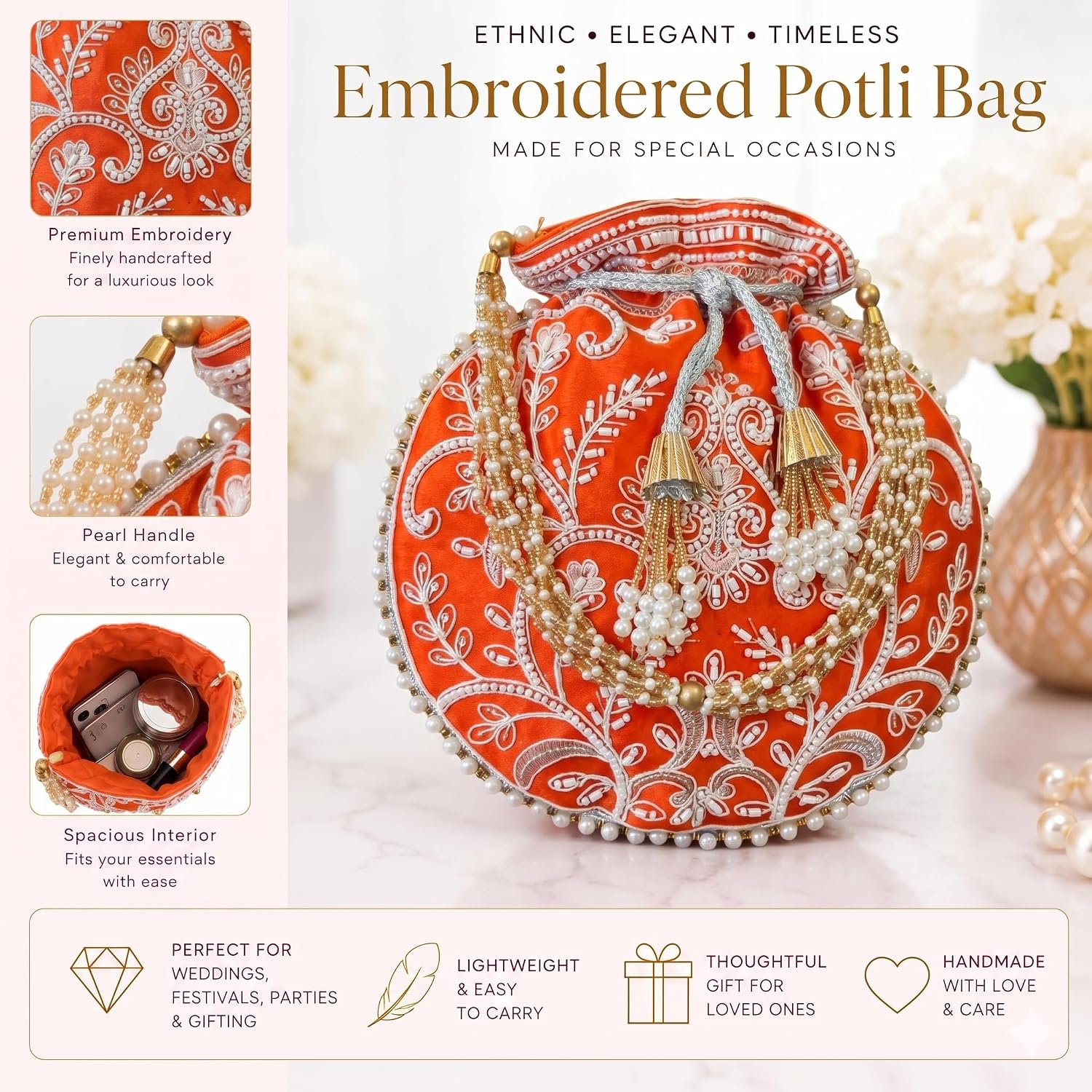 Potli Bag for Women Ethnic Gold, Pearl Handle Floral Accents, Drawstring Closure Pearls Handle Batwa Clutch Purse