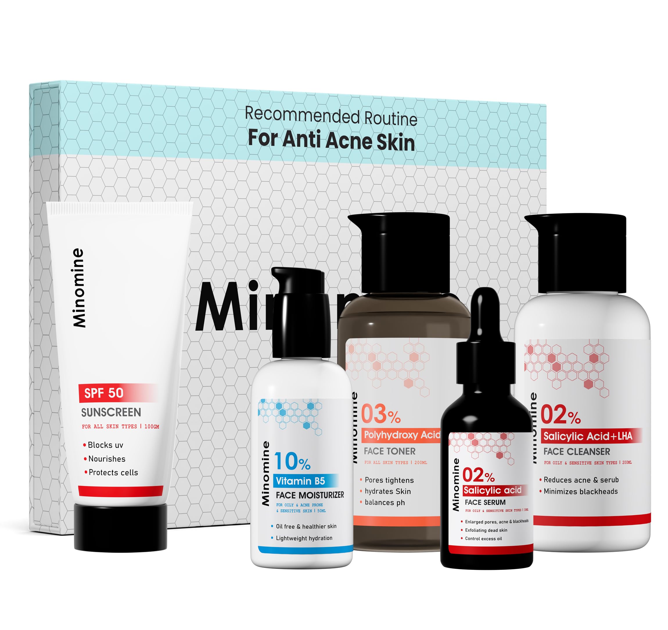 Minomine Anti-Acne Skinkit, Gamechangers Skincare Routine Kit for Unisex | 5 Products Skin Kit | Salicylic Acid FaceWash, Salicylic Acid Serum, Vitamin B5 Moisturizer, PHA Toner & SPF 60 Sunscreen