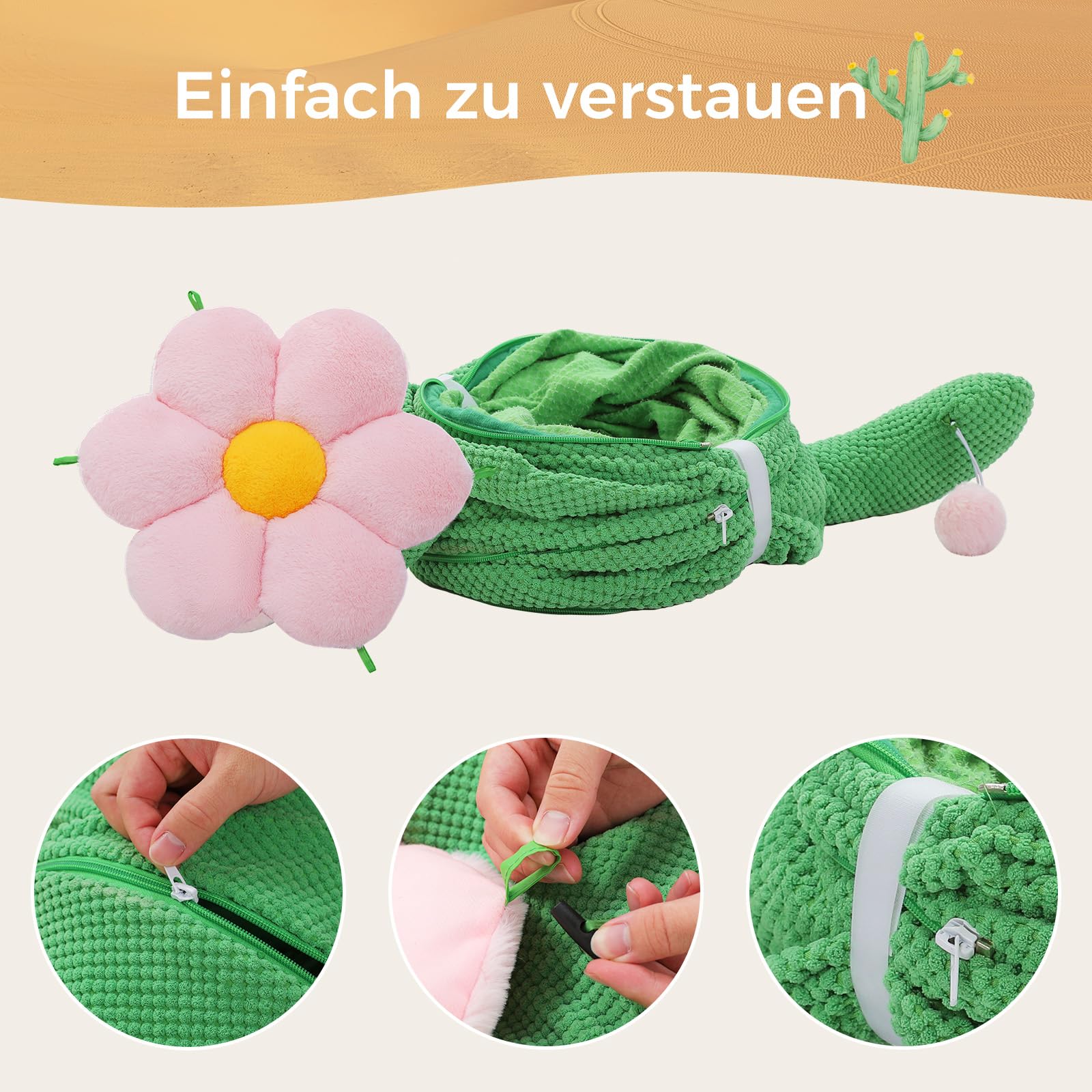 PETEPELA Katzentunnel, Kaktus-Katzen-Donut-Tunnel, zusammenklappbarer Katzentunnel, Durchmesser 90cm mit Blumen-Weichmatte für Wohnungskatzen