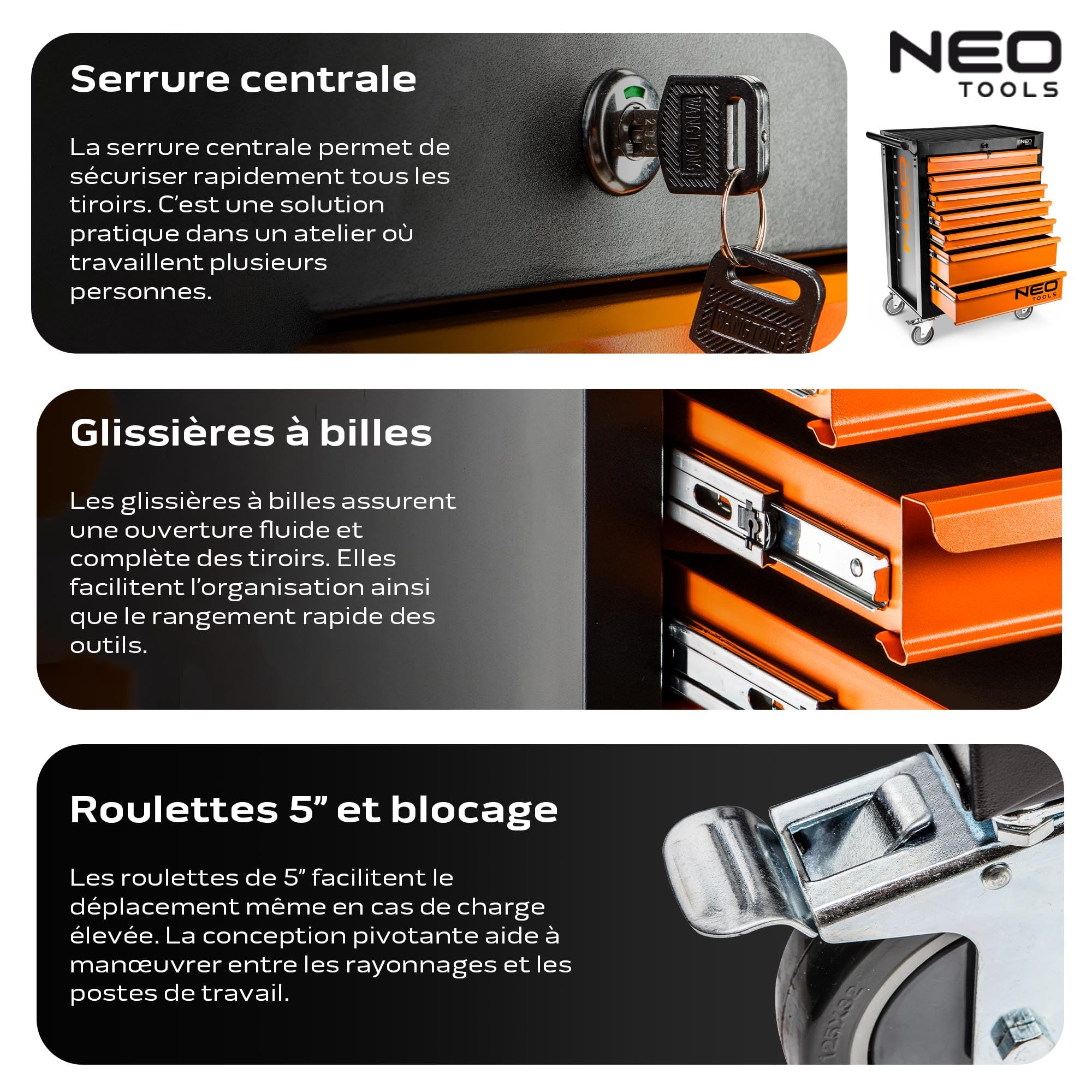 NEO TOOLS 84-222 Servante d'atelier noir orange