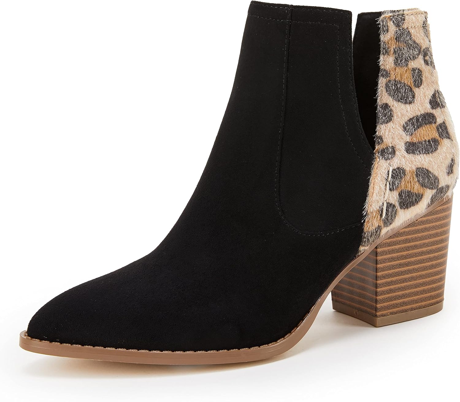 Kathemoi Womens Slip on Ankle Boots V Cutout Pointed Toe Chunky Stacked Mid Heel Booties