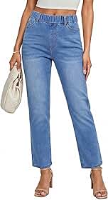 Jeans de perna reta para mulheres, moderno, sem fecho, cintura alta, cropped, cintura elástica, jeans de tornozelo