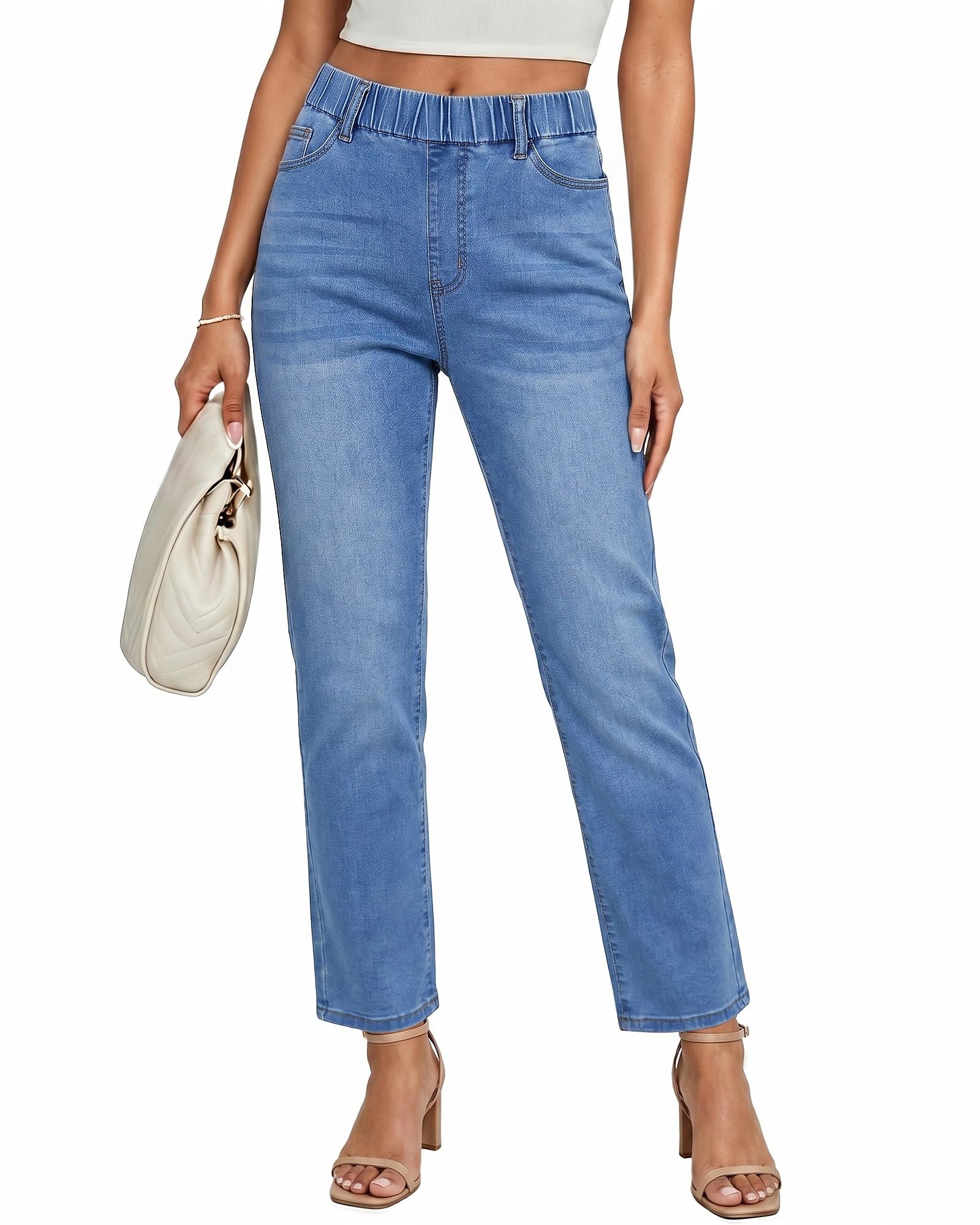 GRAPENT Straight Leg Jeans Pull On High Waisted Cropped Elastic Waist