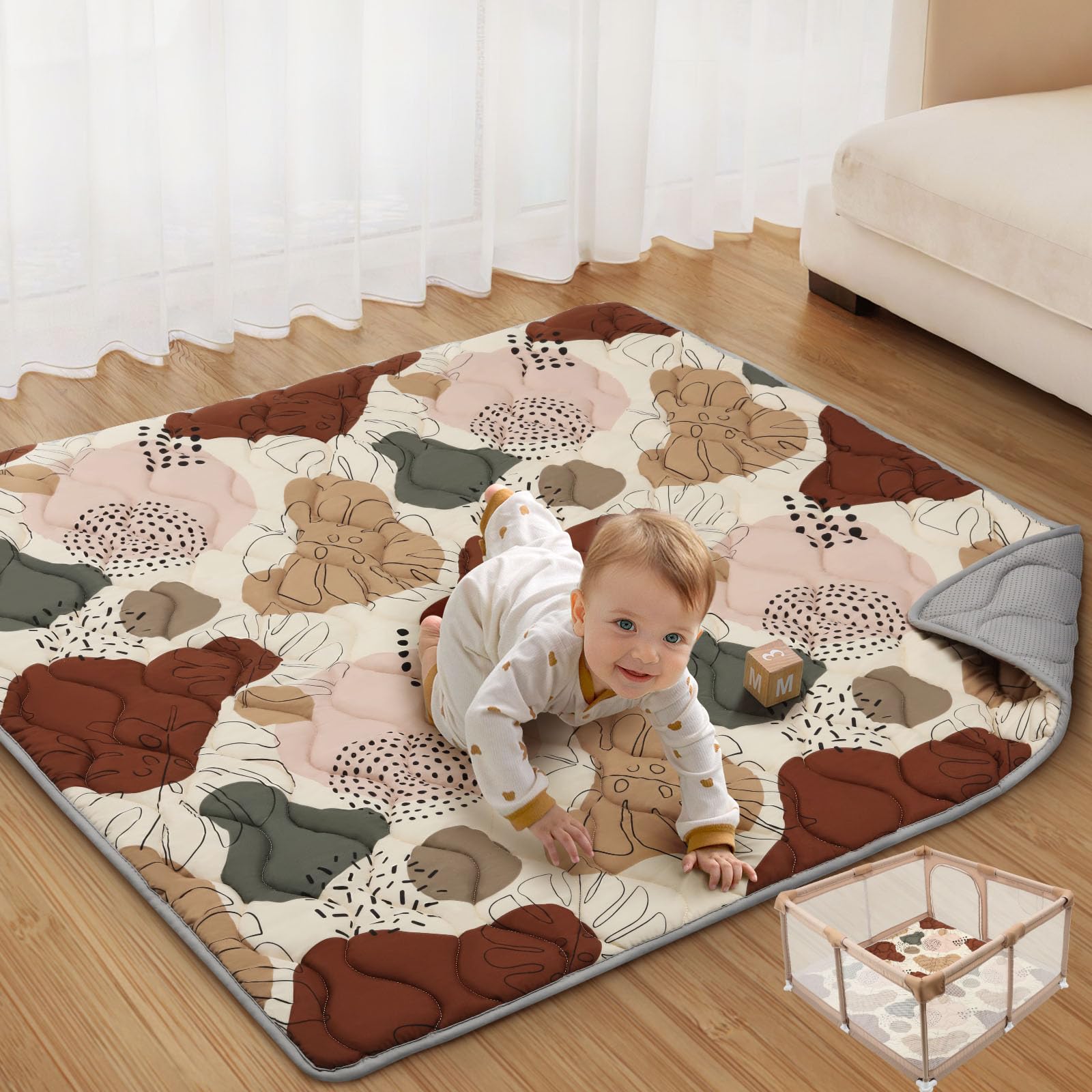 Baby Play Mats for Floor, 50x50 Play Mat for Playpen, Thicken Soft Padding Foam Playmats for Babies and Toddlers Infants, Foldable and Machine Washable Baby Crawling Mat, Boho Design