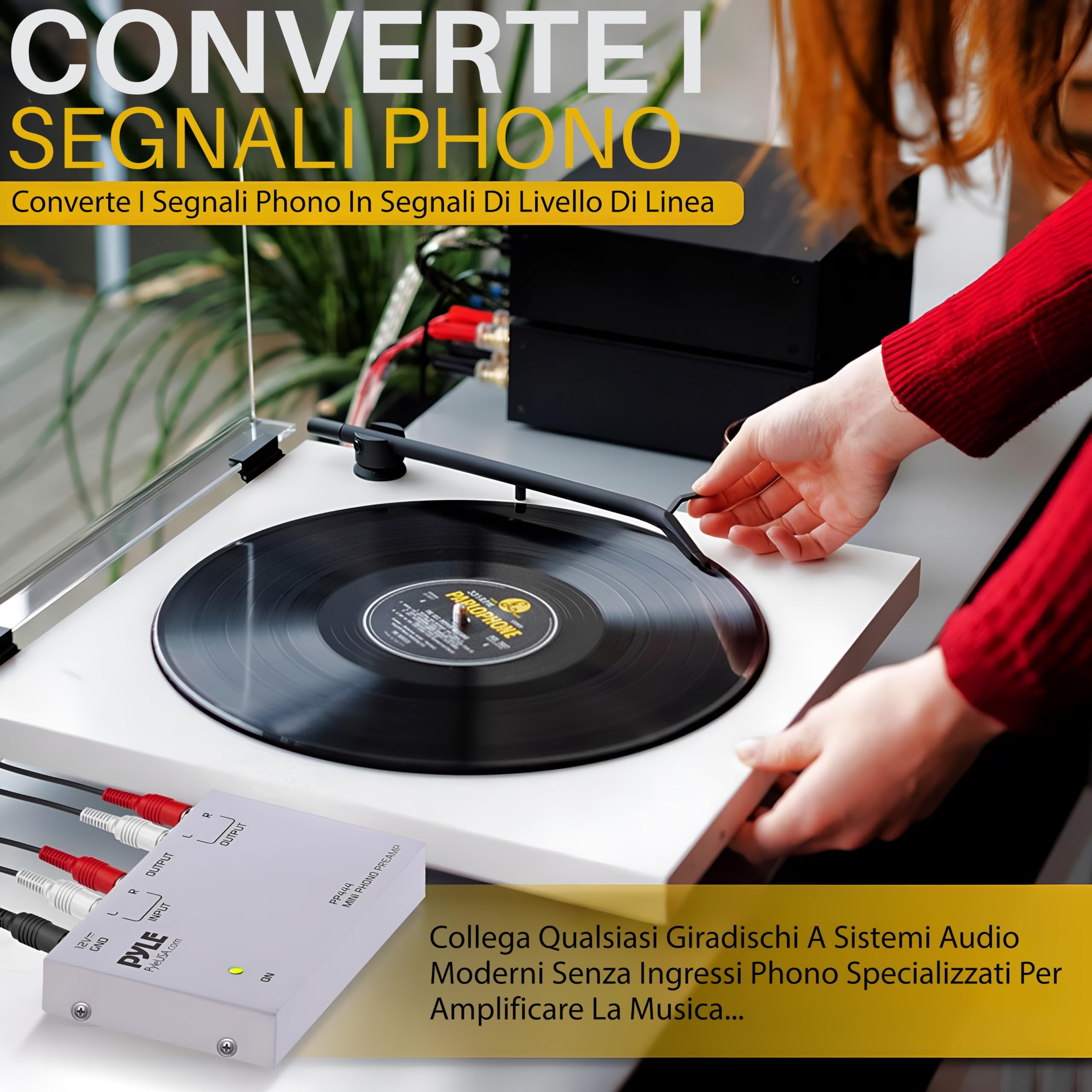 Pyle Preamplificatore Phono Mini per Giradischi con Ingressi e Uscite RCA, Basso Rumore, 12V DC, Grigio