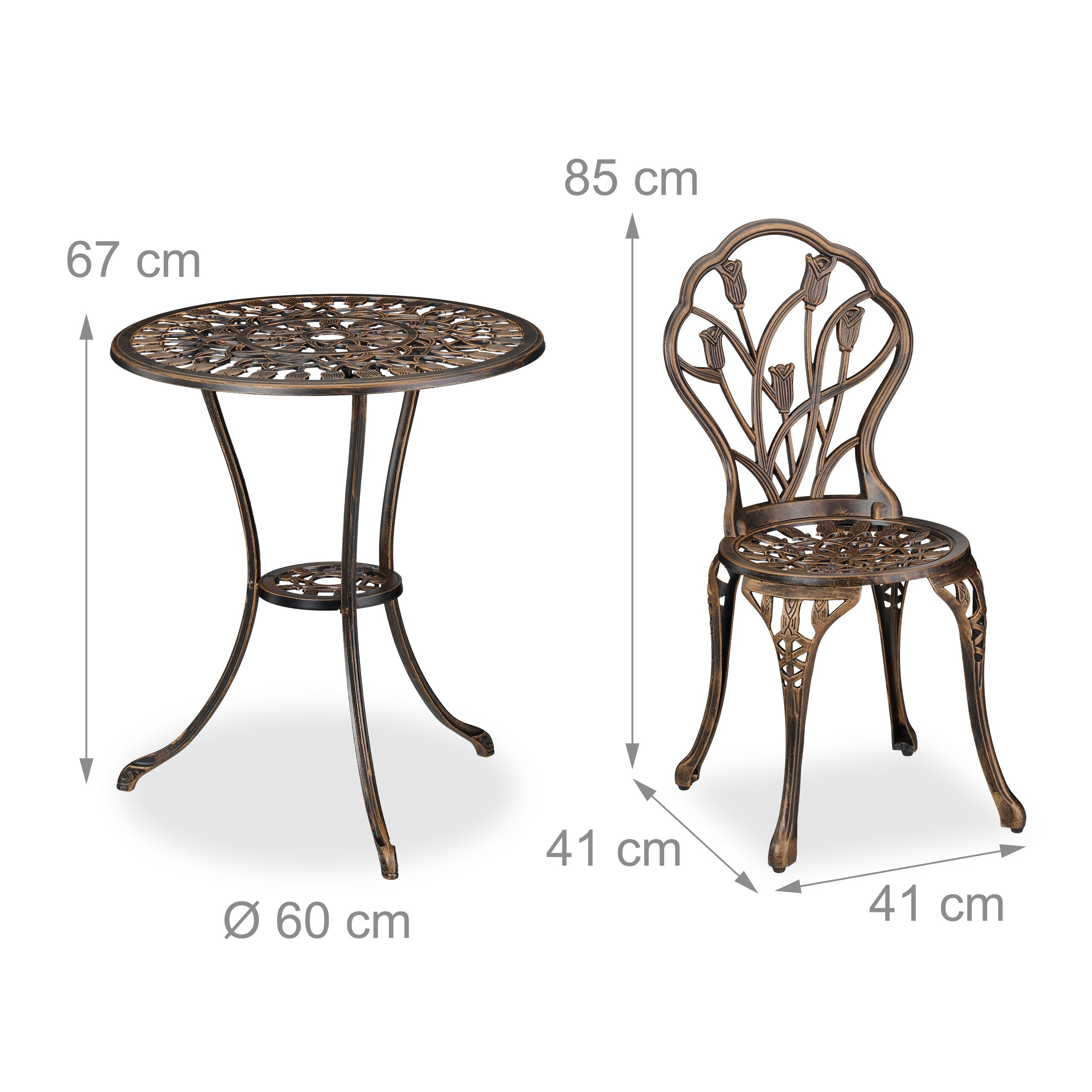 Relaxdays 3-częściowy zestaw mebli ogrodowych, stół, 2 krzesła, odlew aluminiowy, meble balkonowe, antyczny design, zestaw mebli ogrodowych, czarny/brąz