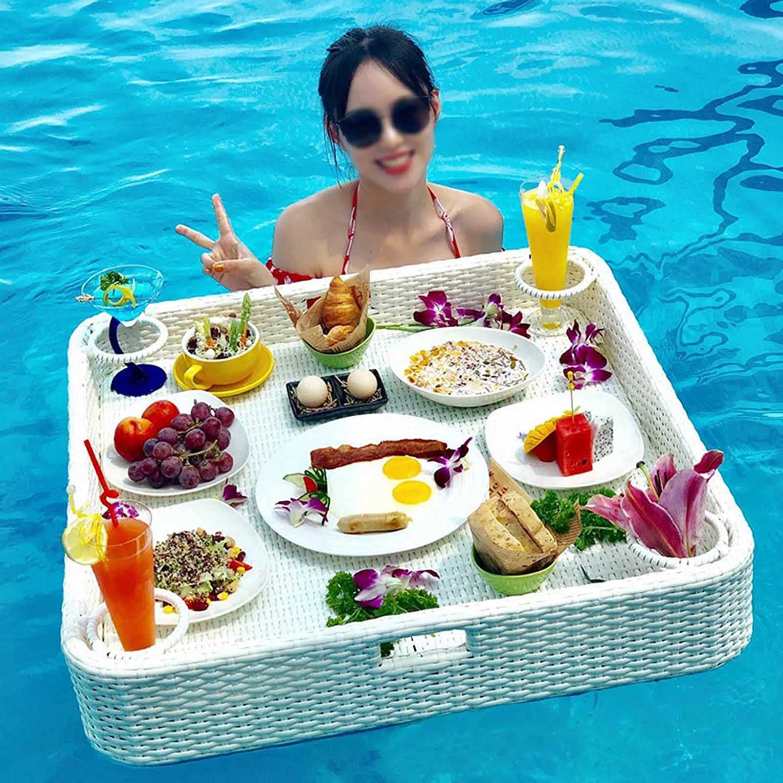 Rattan Floating Breakfast Tray Luxury Floating Serving Tray Table and Swimming Pool Floats(White,80CM)