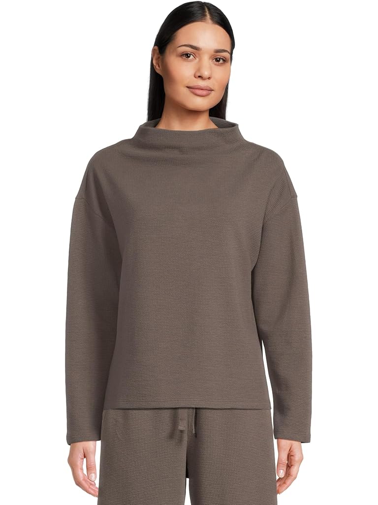 Brown Eileen Fisher Petite Waffle Doubleknit Funnel Neck Box Top