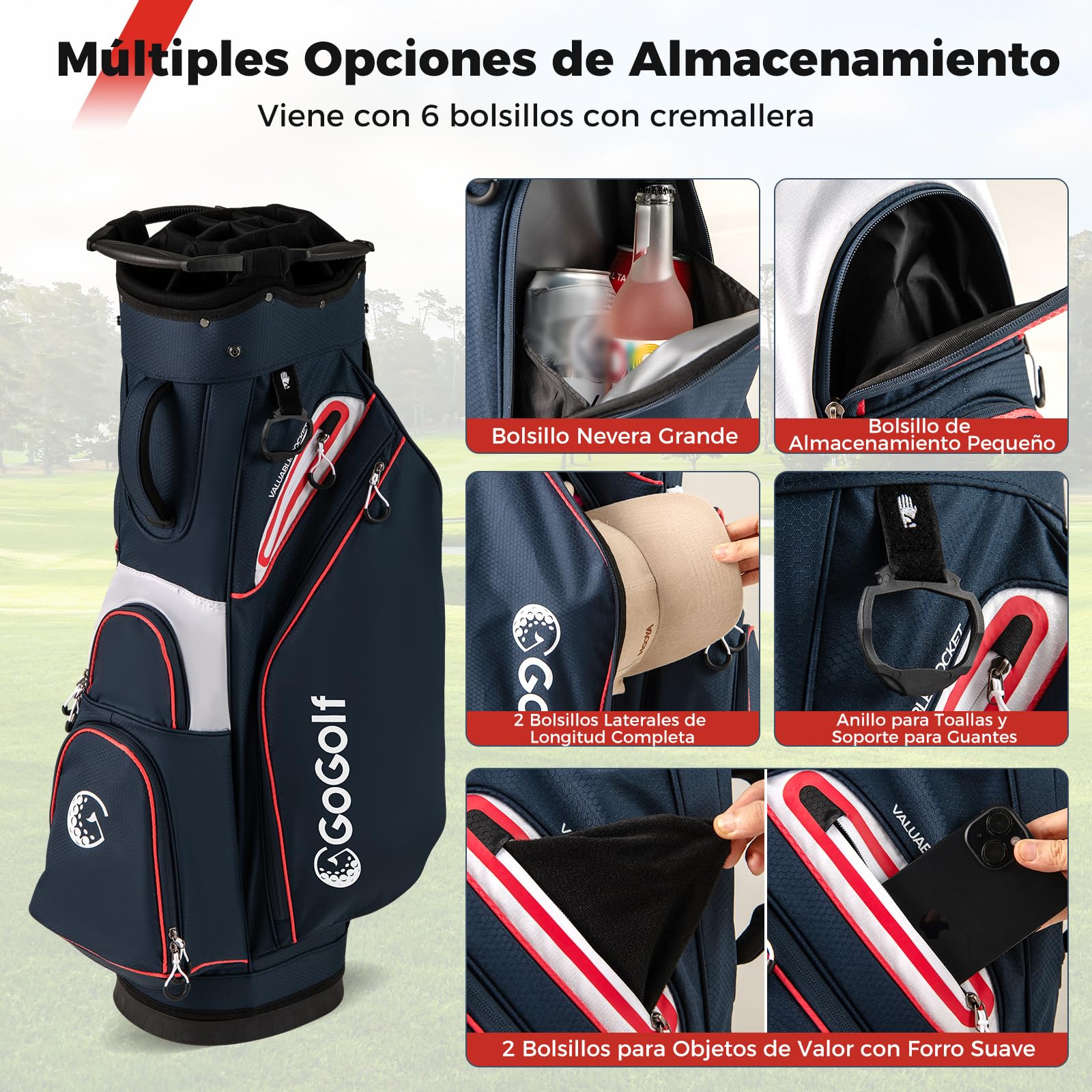 GYMAX Bolsa de Golf con 14 Divisores, Portátil para Organizar Palos con Funda Impermeable, 6 Bolsillos con Cremallera, Porta Toallas, Porta Guantes Paraguas