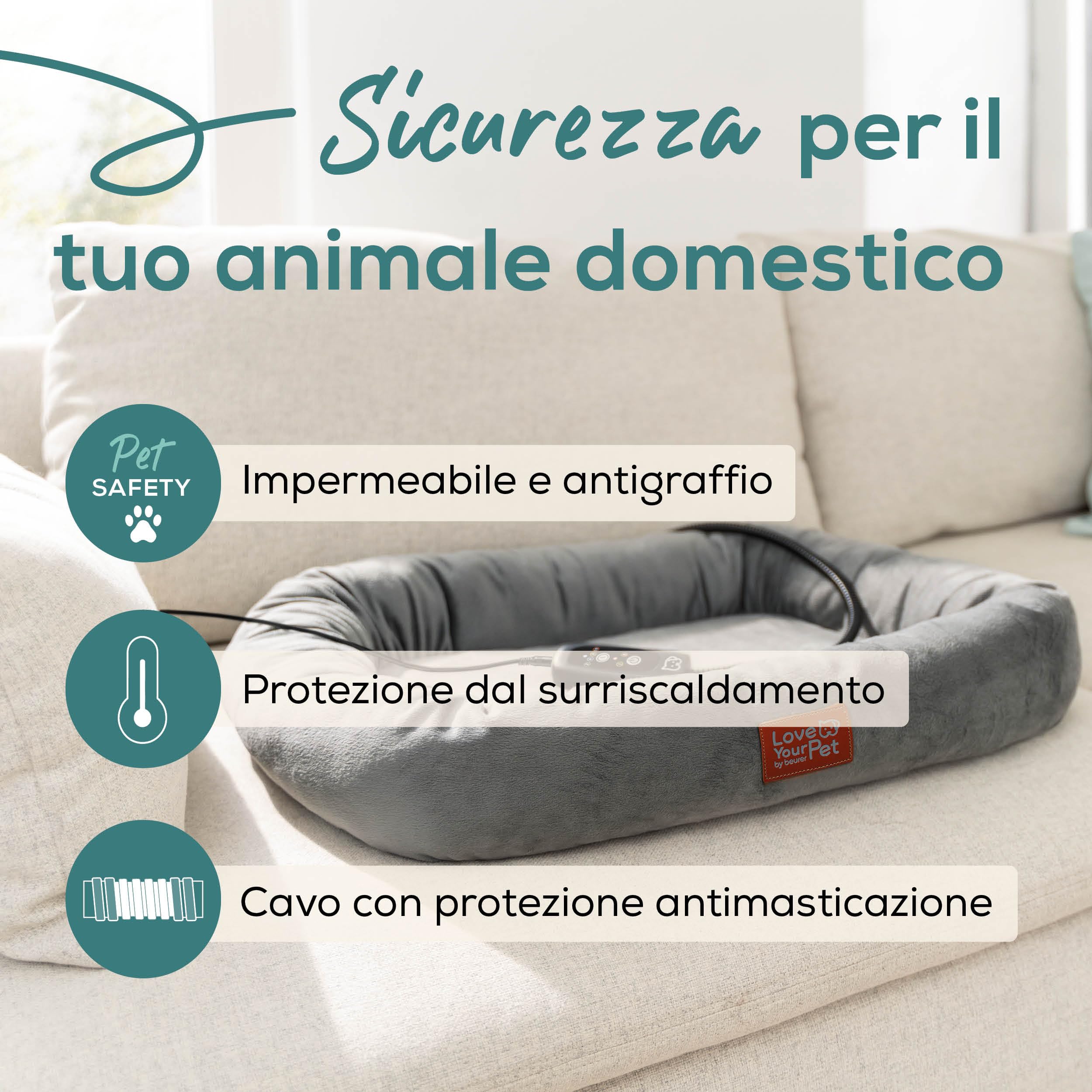 Beurer Love Your Pet Cuccia Termica "Kira" per Animali, Cuccia Riscaldante per Cani e Gatti con Timer e 2 Livelli di Calore, Sfoderabile, Lavabile, Impermeabile, Antigraffio e Sicura 58x50 cm