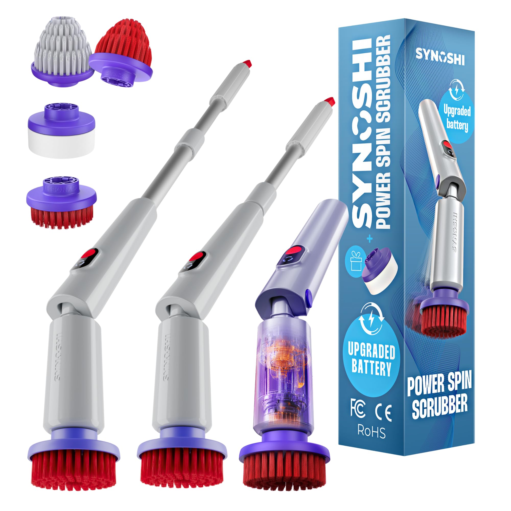 Synoshi Pro Elektrische Reinigungsbürste – Spin Scrubber mit Rundbürste, Magic Sponge, 2 Kegelbürsten und Verlängerungsgriff – Kabellos, Wiederaufladbar, Ideal für Bad, Fliesen, Küche