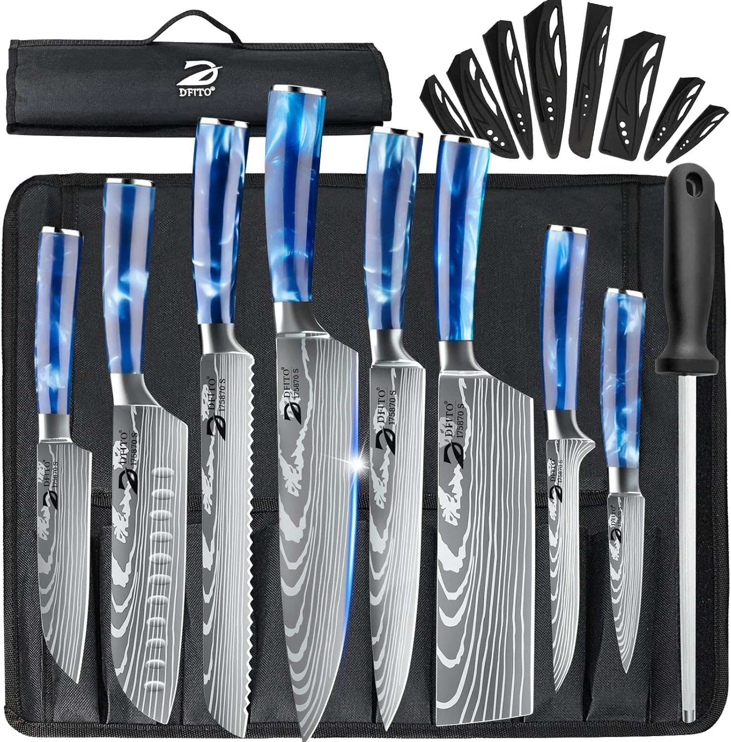 Dfito Knife Set, 9 Pieces Japanese Knife Set with Roll Bag, High Carbon Stainless Steel Professional Chef Knife Set with Blue Resin Handle, Ultra Sharp Kitchen Knives Set, Dishwasher Safe