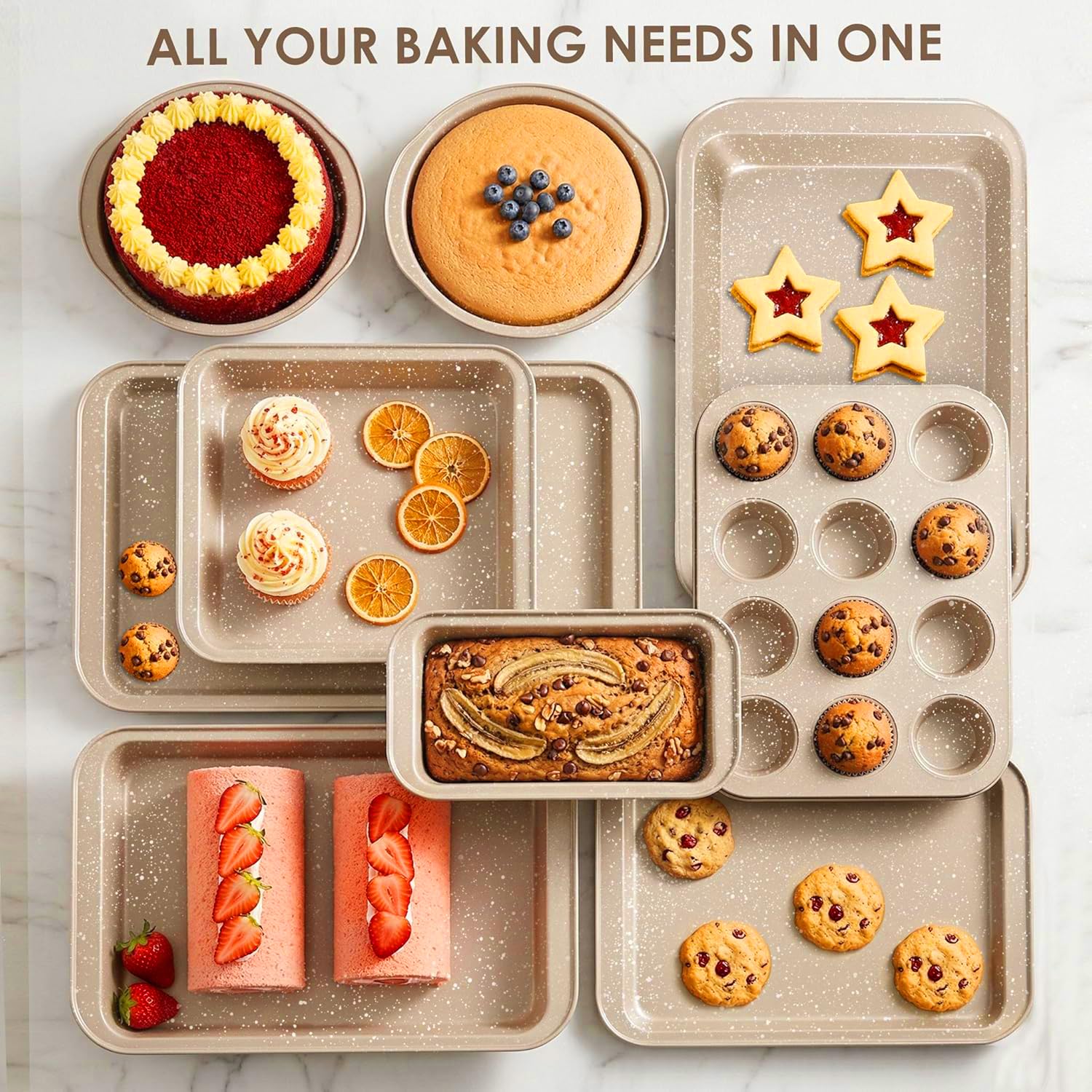 Set da 11 pezzi, set di teglie da forno antiaderenti, in acciaio al carbonio, include notebook, fogli per biscotti, teglia per arrosti, teglia per muffin, teglia per torta, teglia per pizza