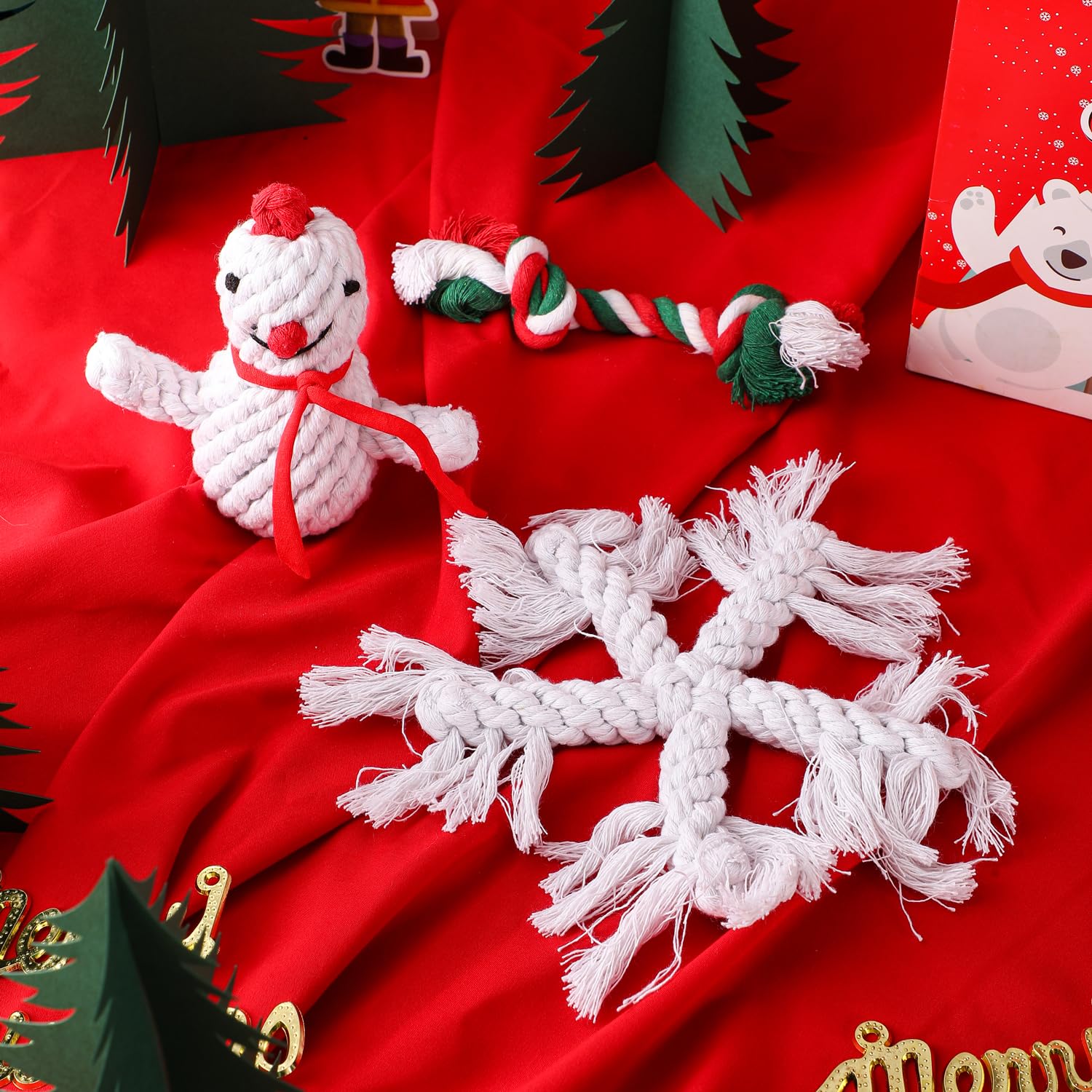 Weihnachtliches Hundespielzeug mit Seilen, Geschenk für kleine, mittelgroße und große Hunde, enthält ein Knotenspielzeug, ein Schneemann-Spielzeug und ein Schneeflocken-Spielzeug