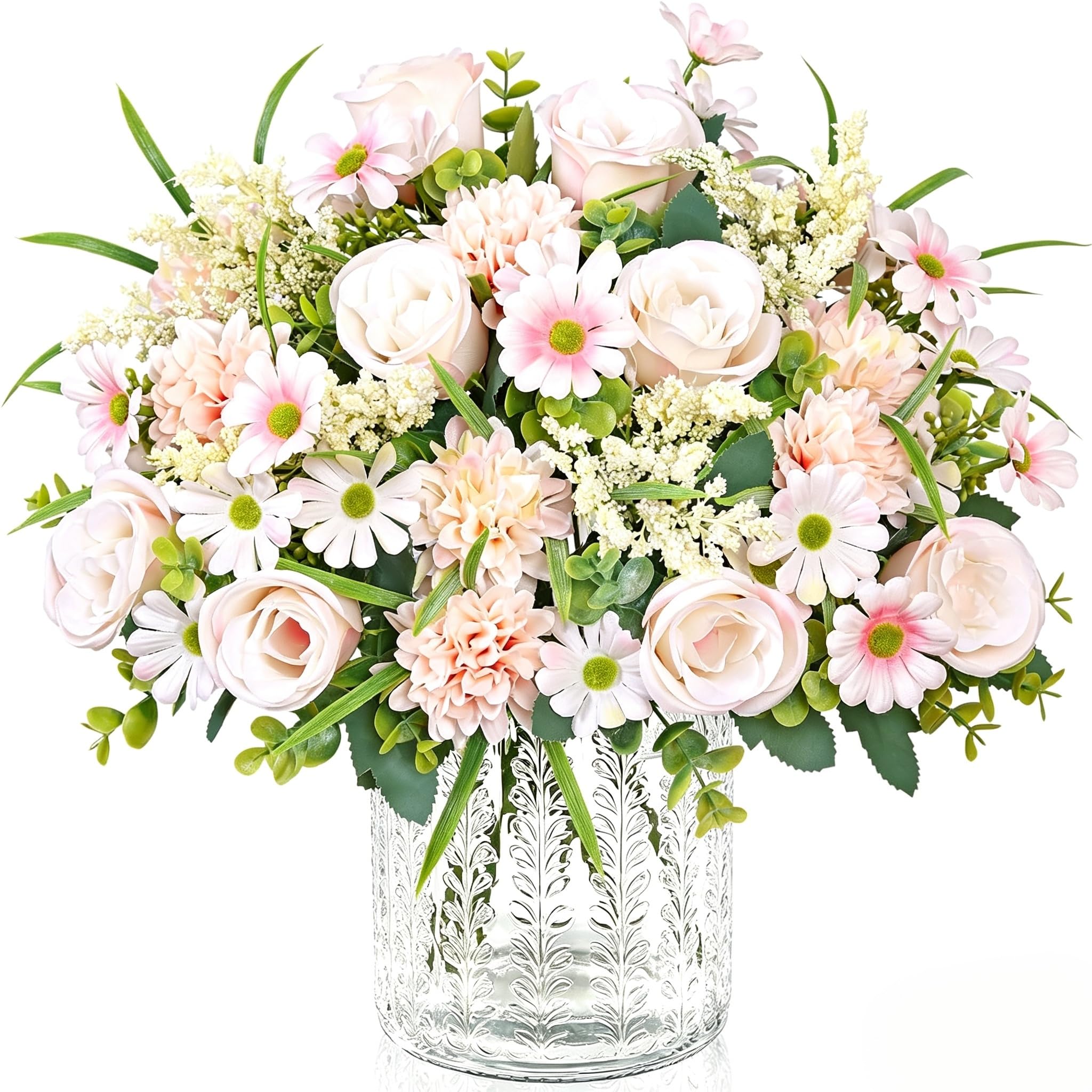UXORSN 2 Bunches Artificial Flowers Roses Bouquet Fake Silk Daisy Dahlia