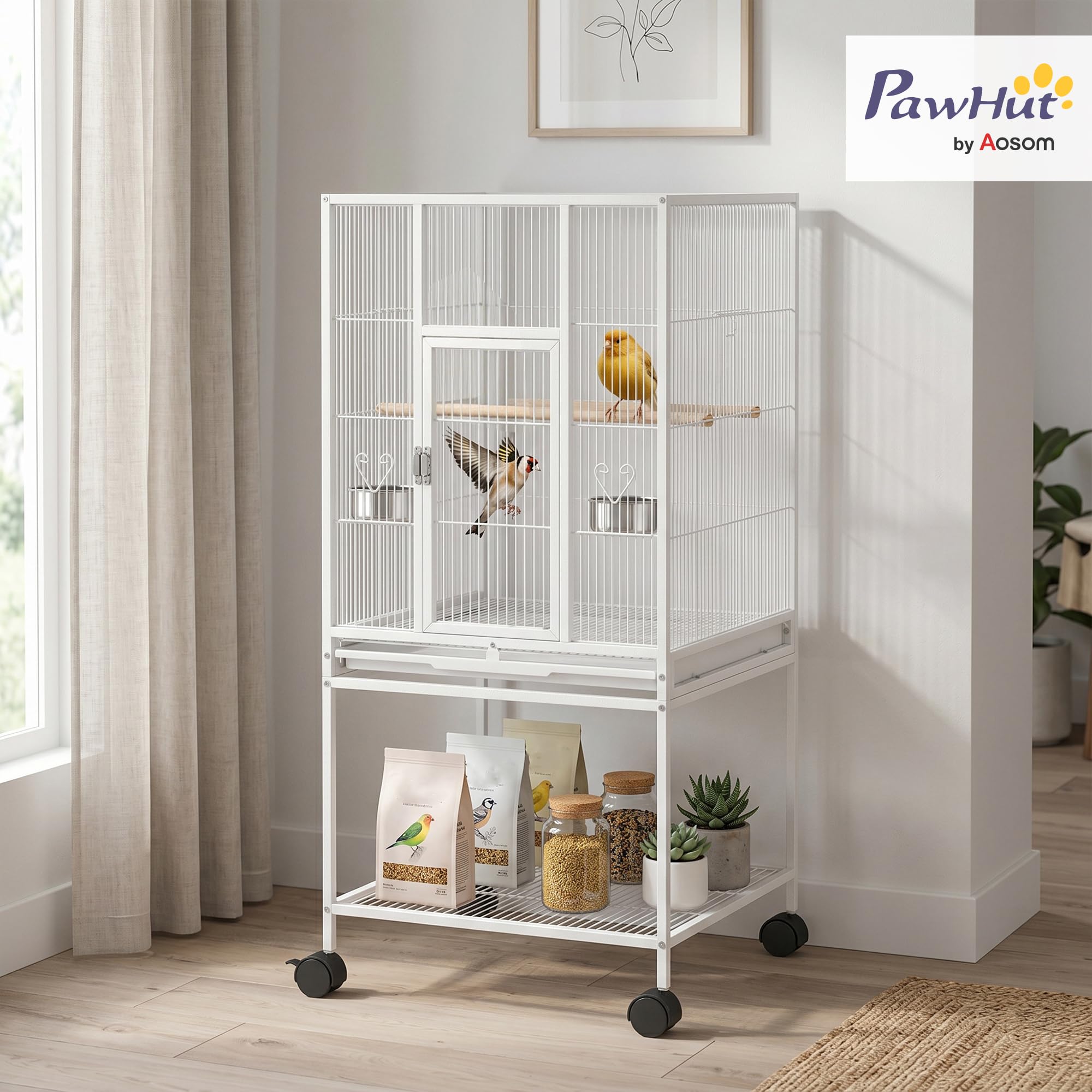PawHut Jaula desmontable para pájaros con ruedas, para pinzones, periquitos, periquitos, periquitos, jaulas de periquitos, jaula para periquitos, pajarera para loros con accesorios, estante de