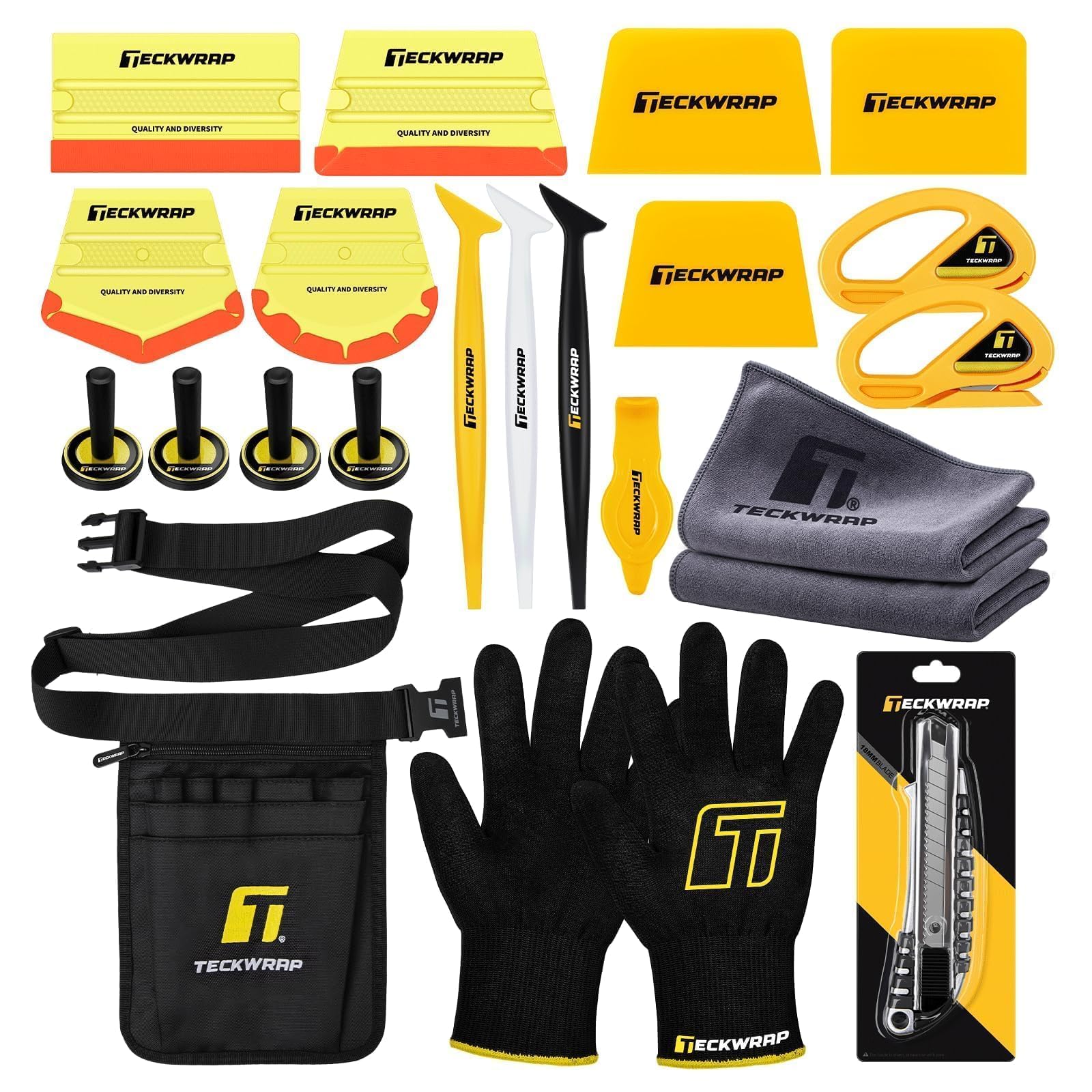 TECKWRAP Lot de 22 Outils en Vinyle pour Voiture - Raclette, Couteau, Cutter de sécurité, Gants Anti-coupures, aimants et Pochette à Outils pour Emballage de véhicule