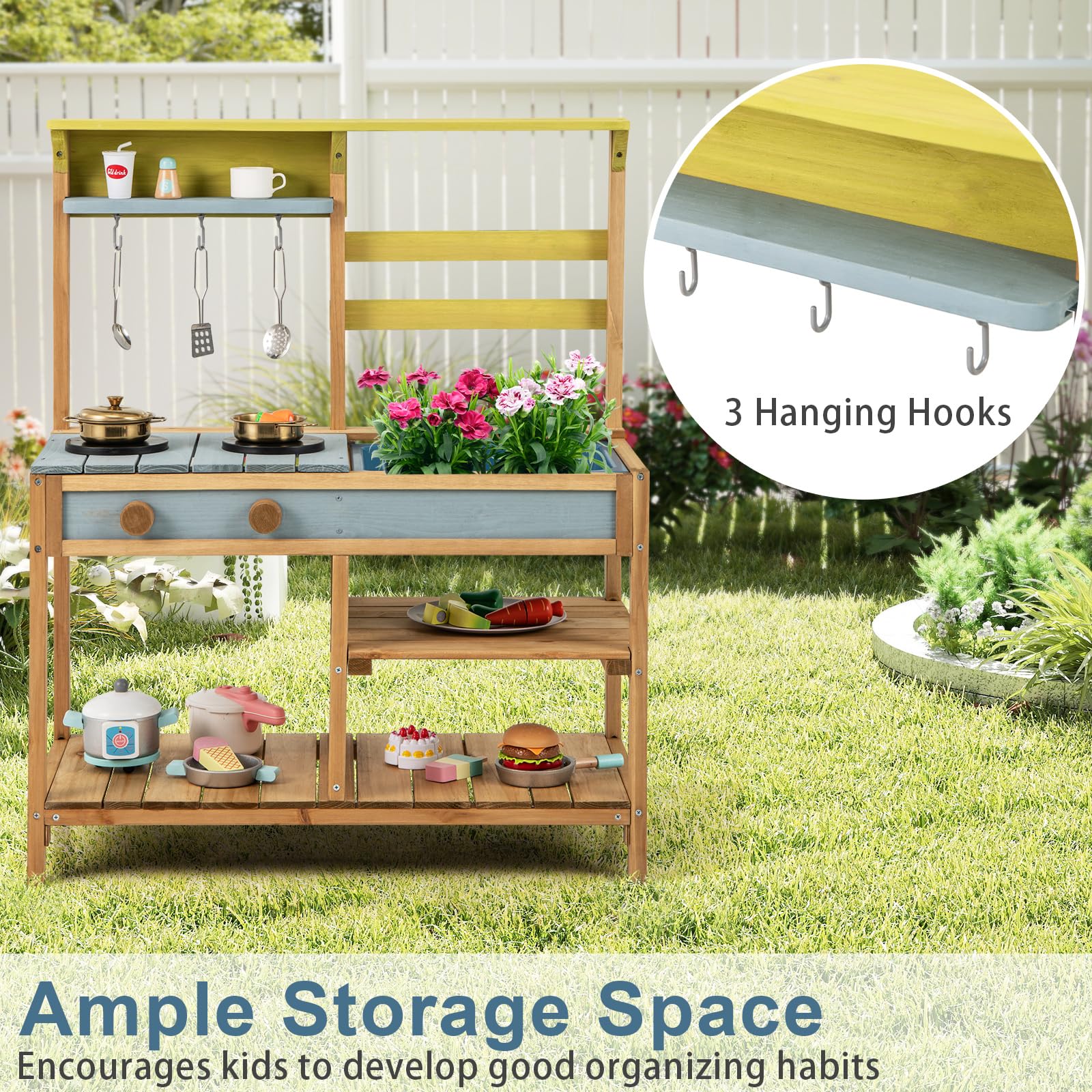 HOMASIS Cucina Giocattolo per Bambini in Legno, Cucinetta per Bambini Interattiva con 3 Ganci, 1 Lavandino e 2 Fornelli, Giocattolo Educativo per Bambini da 3+ Anni, 75 x 36 x 92 cm (Naturale)
