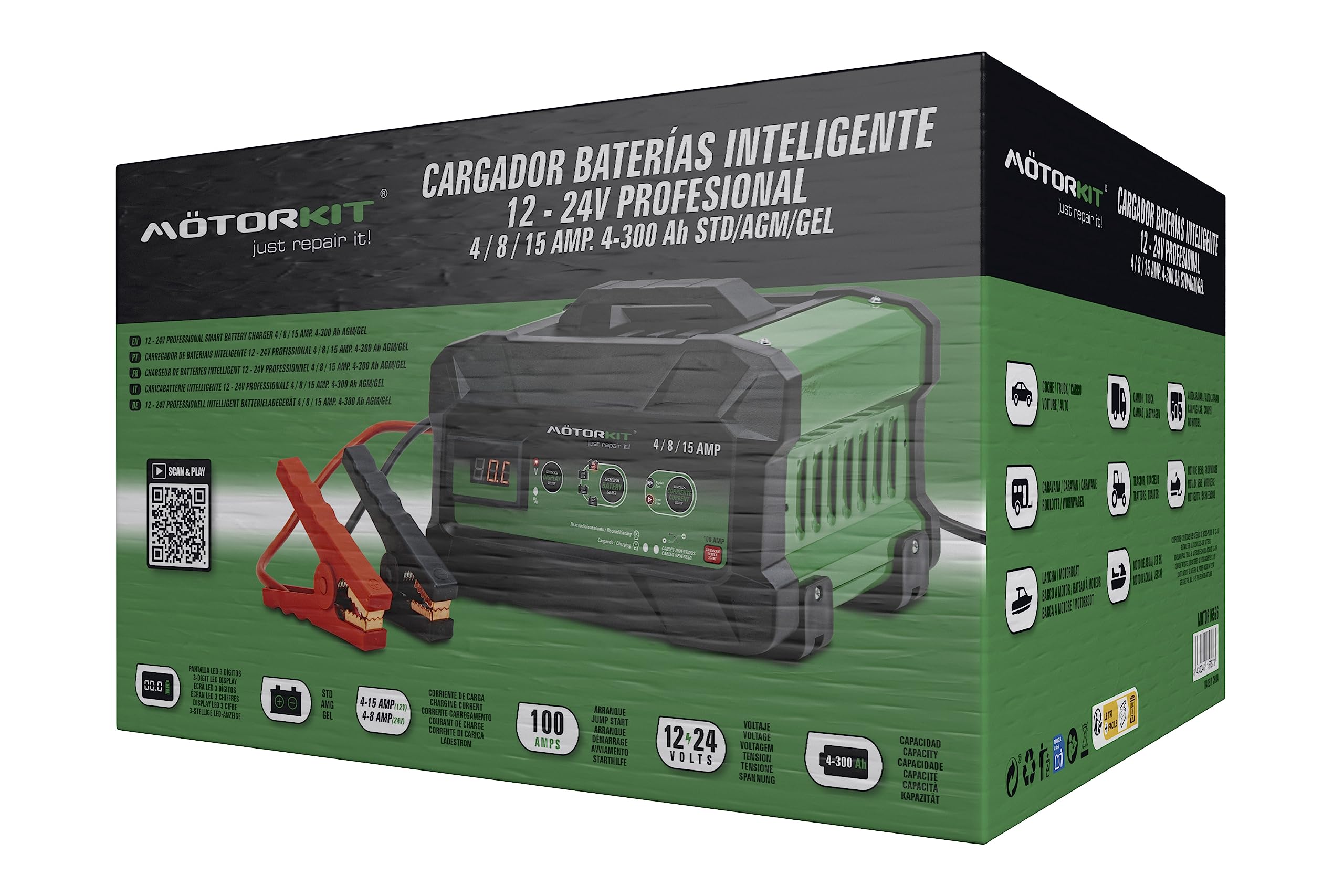 Motorkit Cargador Bateria 12/24V 4-15A