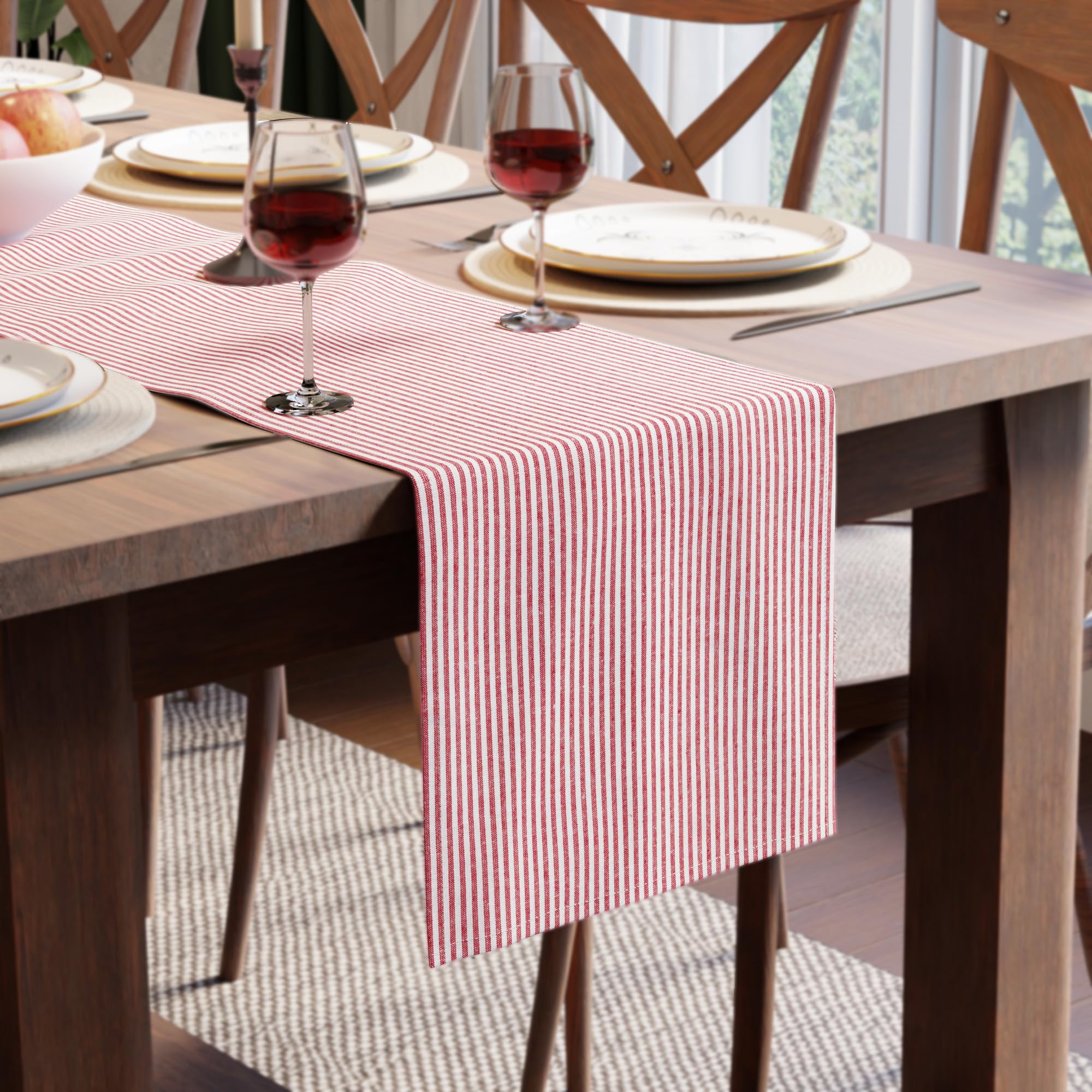 Encasa XO Cotton Dining Table Runner, Ticking Red, 94.5 x 12.6 inch (Rectangle)