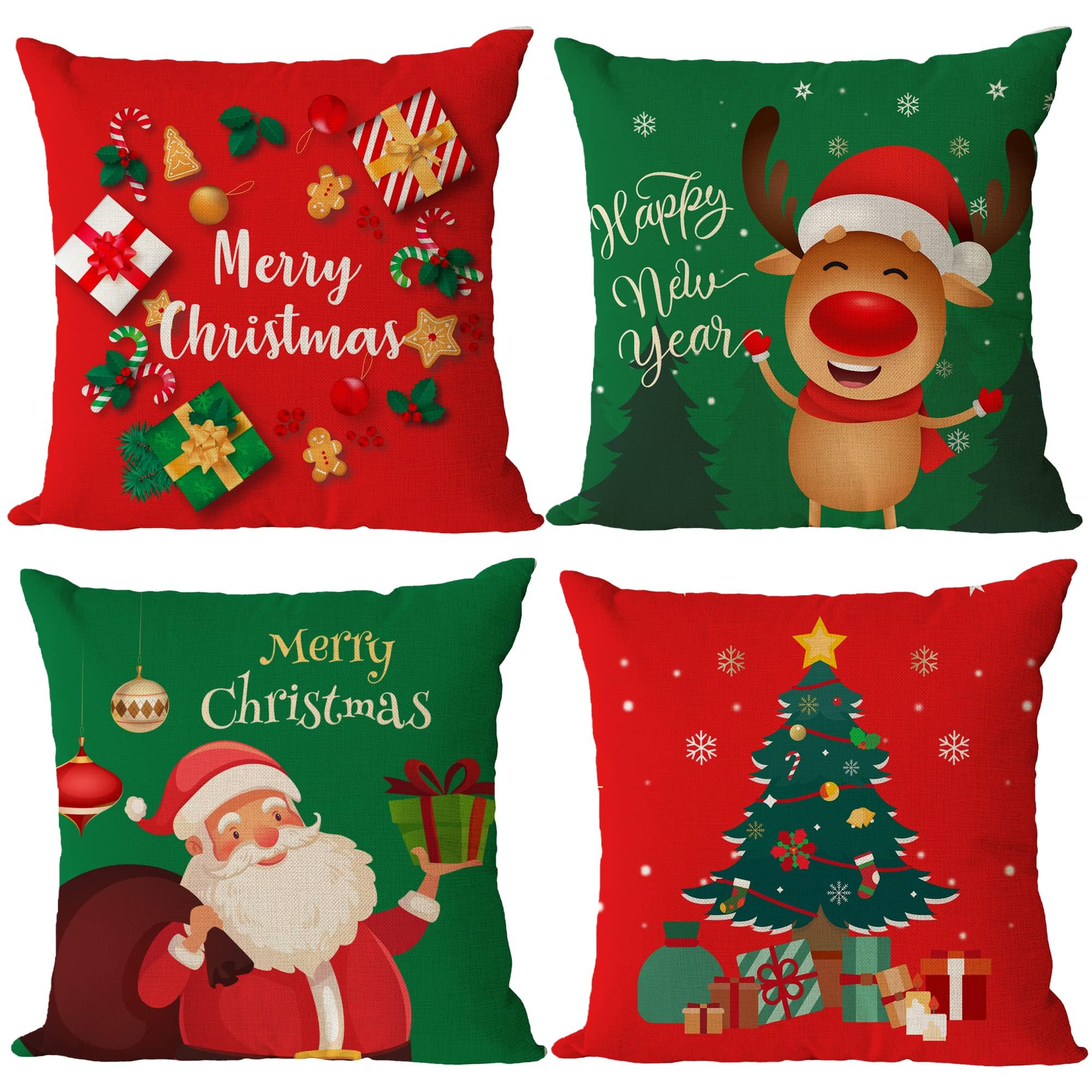 Set of 4 Christmas Pillow Covers 18x18 Inch Merry Christmas Pillow Cases Christmas Tree Throw Pillow Covers Red Green Xmas Holiday Pillow Covers Outdoor Couch Sofa Cushion Covers for Christmas