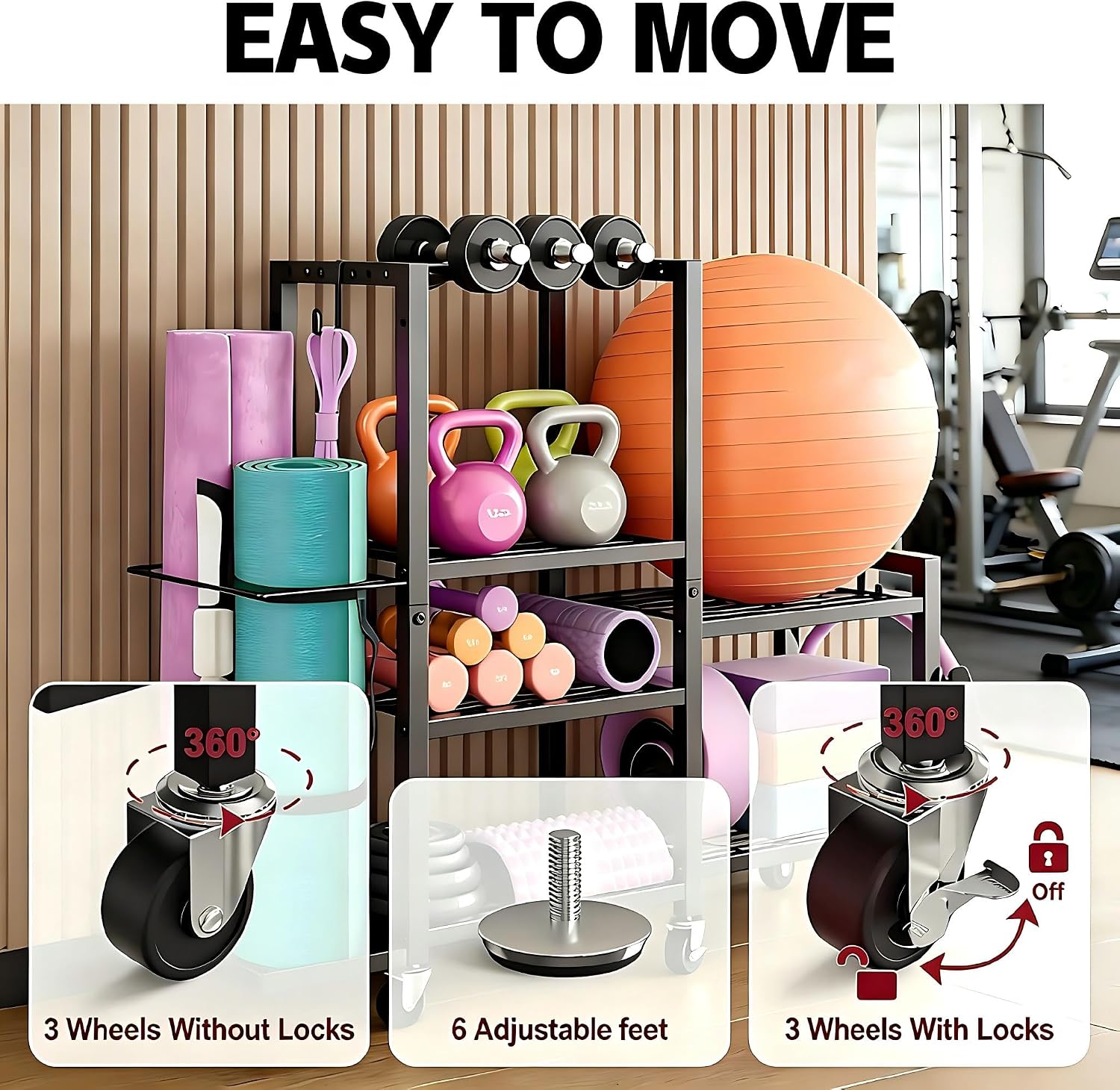 Home Gym Storage Rack 3-Tier Dumbbell Rack with Ball Holder & Side Basket Heavy Duty Vertical Workout Equipment Organizer for Yoga Mats Lockable Wheels